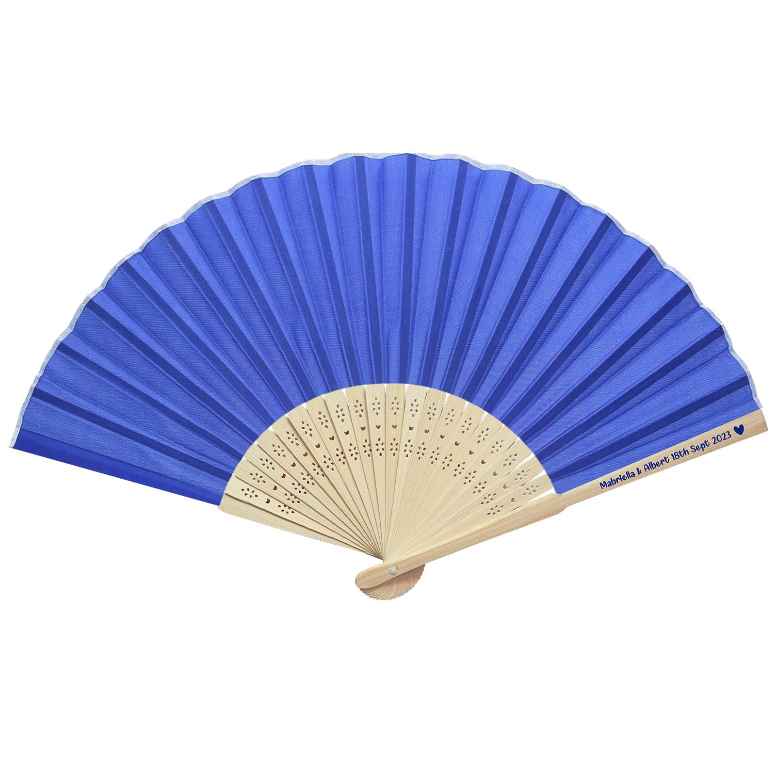 LYOUF 70pcs Personalized Fans for Wedding Favors Bulk, Custom Hand Fans for Guests/Bridal/Bridesmaid, Customize Silk Decorative Folding Fans Women Foldable, Birthday Party Fans Gifts, Bamboo Fan Dark Blue