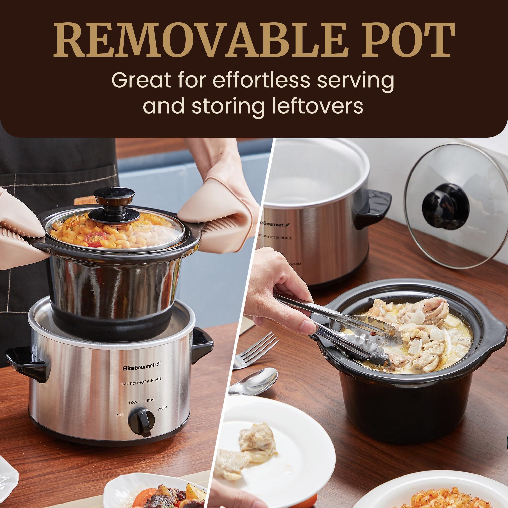 Elite Gourmet Elite Gourmet MST-250XS Electric Slow Cooker Ceramic Pot, Adjustable Temp, Entrees, Sauces, Stews & Dips, Dishwasher Safe Glass Lid & Crock, 1.5 Quart, Stainless Steel