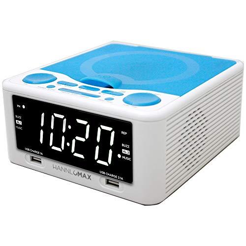 HANNLOMAX HANNLOMAX HX-300CD Top Loading CD Player, PLL FM Radio, Digital Clock, 1.2\" White LED Display, Dual Alarms, Dual USB Ports for 2.1A and 1A Charging, AC/DC Adaptor Included (White_Blue)