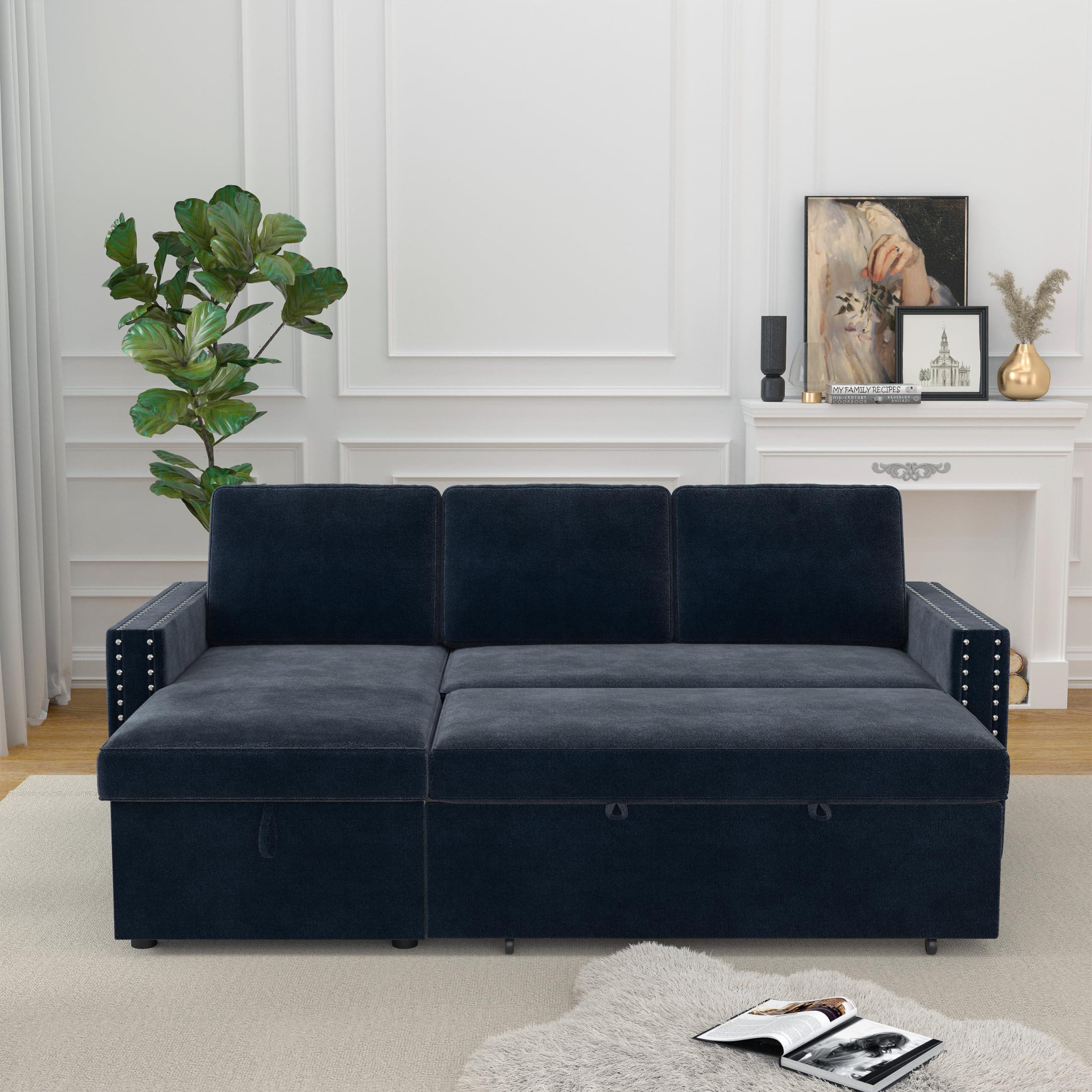 PONLEE L Shaped Convertible Sectional Couch with Pull Out Bed and Storage , 3 Seater Corner Sleeper Sofa with Reversible Chaise and Copper Nailhead for Living Room, Apartment, Bedroom, Office Chenille Fabric