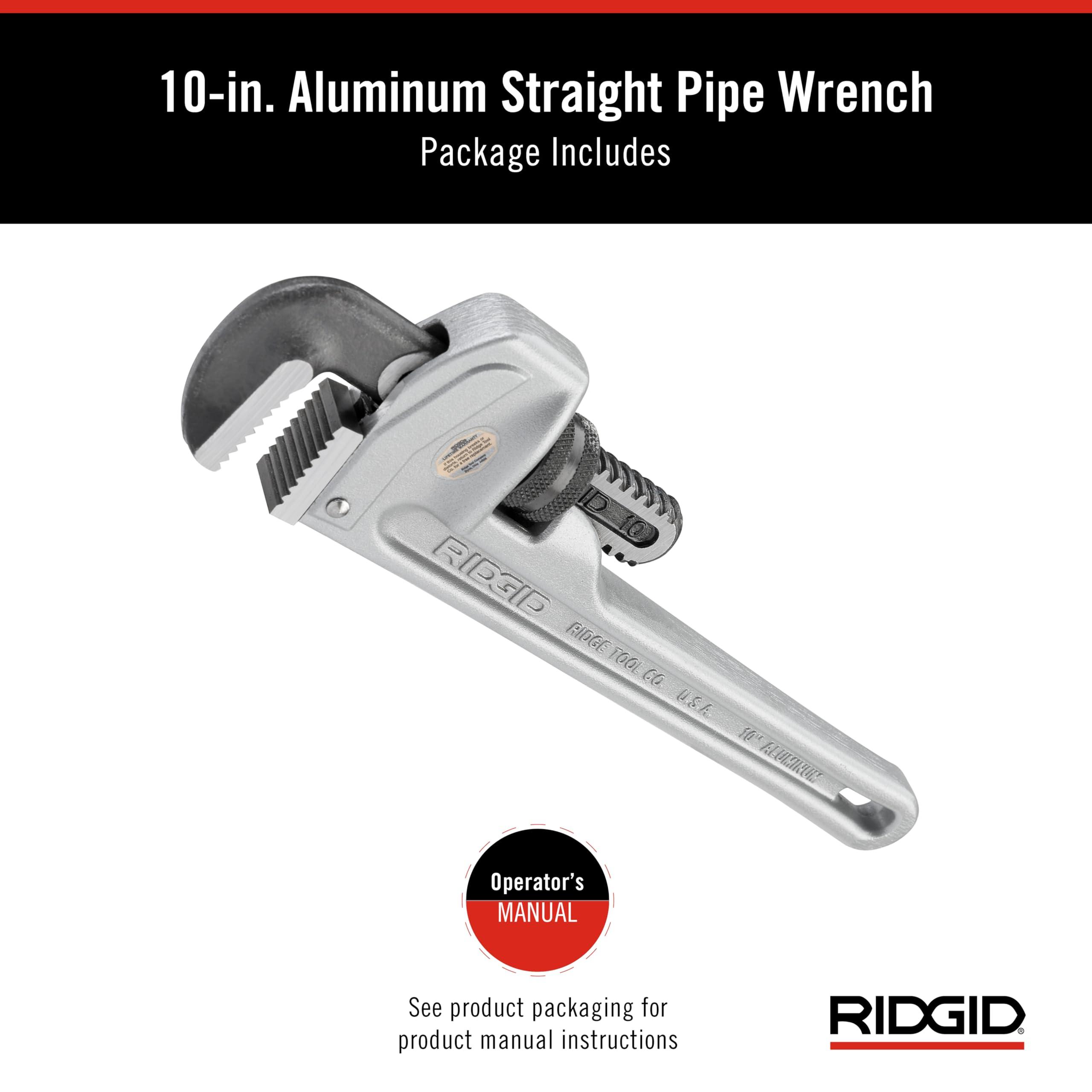 RIDGID RIDGID 31090 Aluminum Straight Pipe Wrench, 10\" Sturdy Plumbing Wrench with Self Cleaning Threads and Hook Jaws