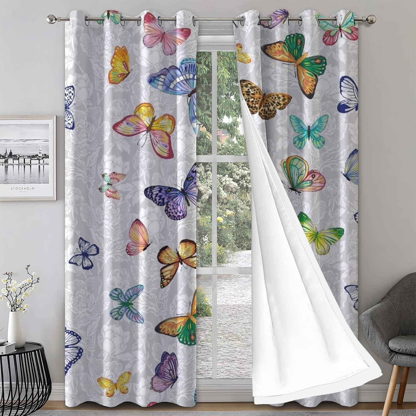 TOARTE TOARTE Colorful Beautiful Butterfly Window Treatments, Retro Floral Background Blackout Curtains for Bedroom, Grommet Thermal Insulated Window Curtain for Bedroom Living Room Patio - 72x108in