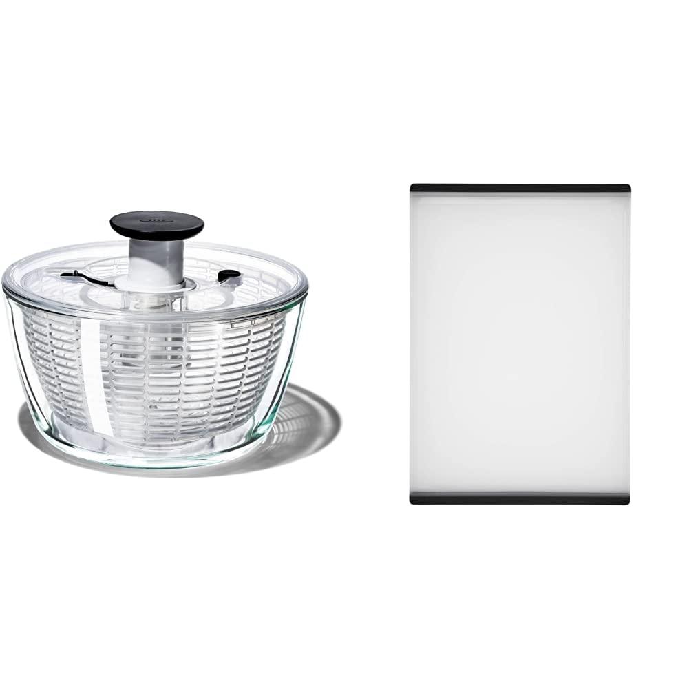 OXO OXO Good Grips Glass Salad Spinner, Large/6.22 Quart, Clear and Good Grips Plastic Carving & Cutting Board