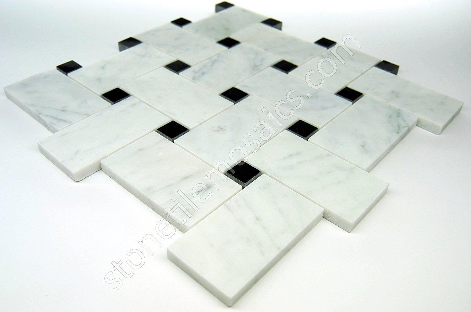 Carrara Marble Italian White Basketweave Mosaic Carrara Marble Italian White Bianco Carrera Large Size Big Basketweave Mosaic Tile with Nero Black Dots Honed