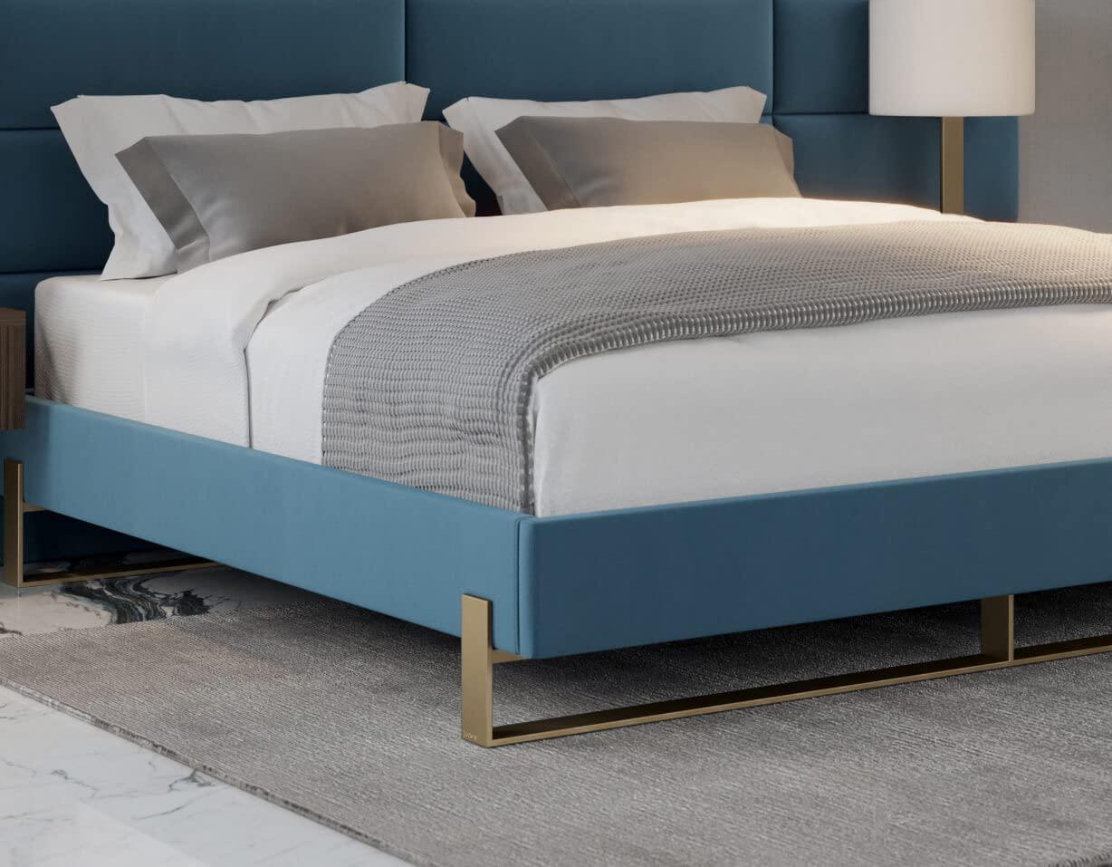 VANT VANT Elevated Platform Bed - Burnished Brass - King Size - Velvet Peacock Blue - Easy Assembly Bed Frame - No Box Spring Needed - Sleek Modern Design for Any Bedroom