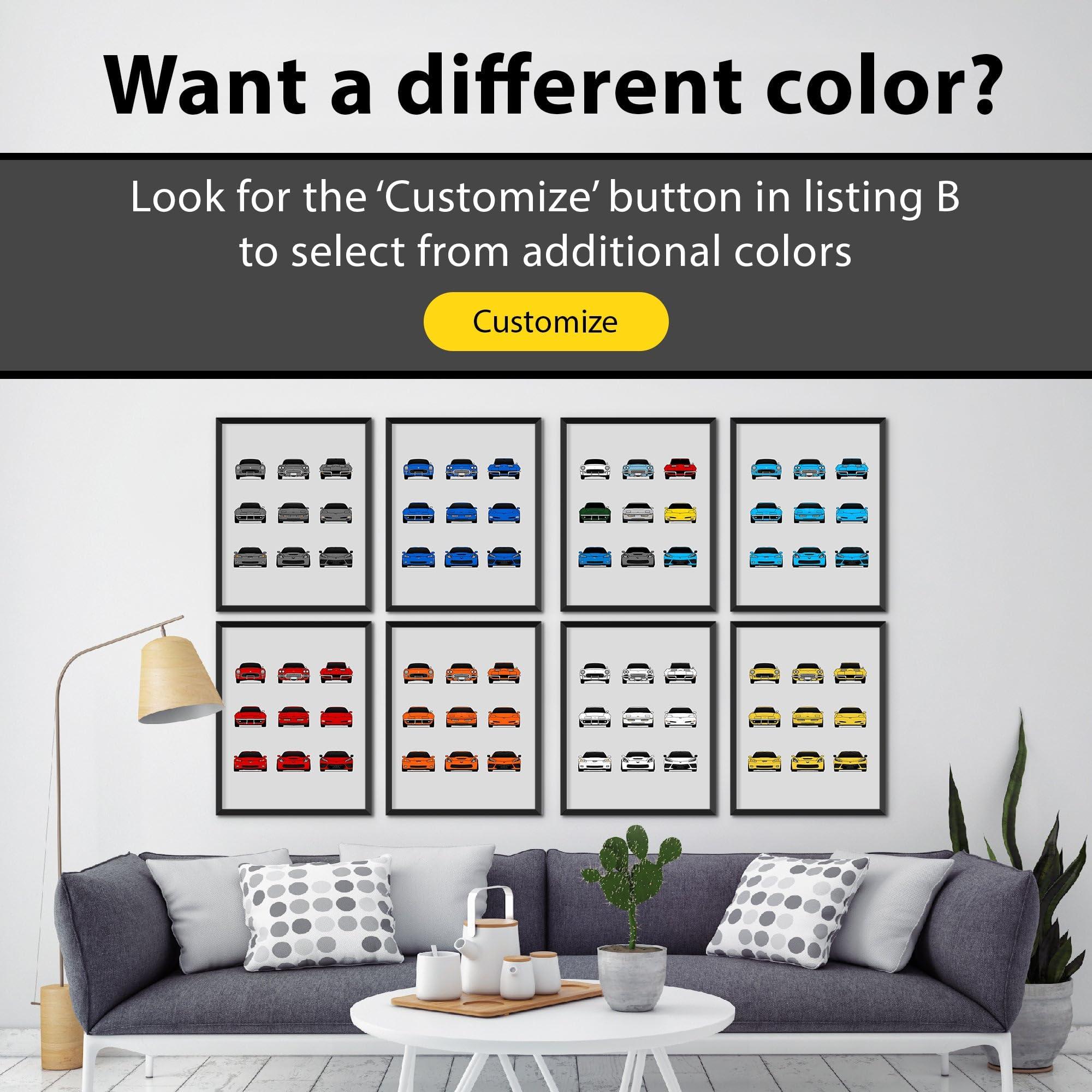 Custom Car Posters Custom Car Posters History of Chevy Corvette Generations and Handmade Print of Chevrolet Corvette (C1 C2 C3 C4 C5 C6 C7 C8) - Multi, 8x10\" Satin Print (Unframed)- Gift Car Enthusiast