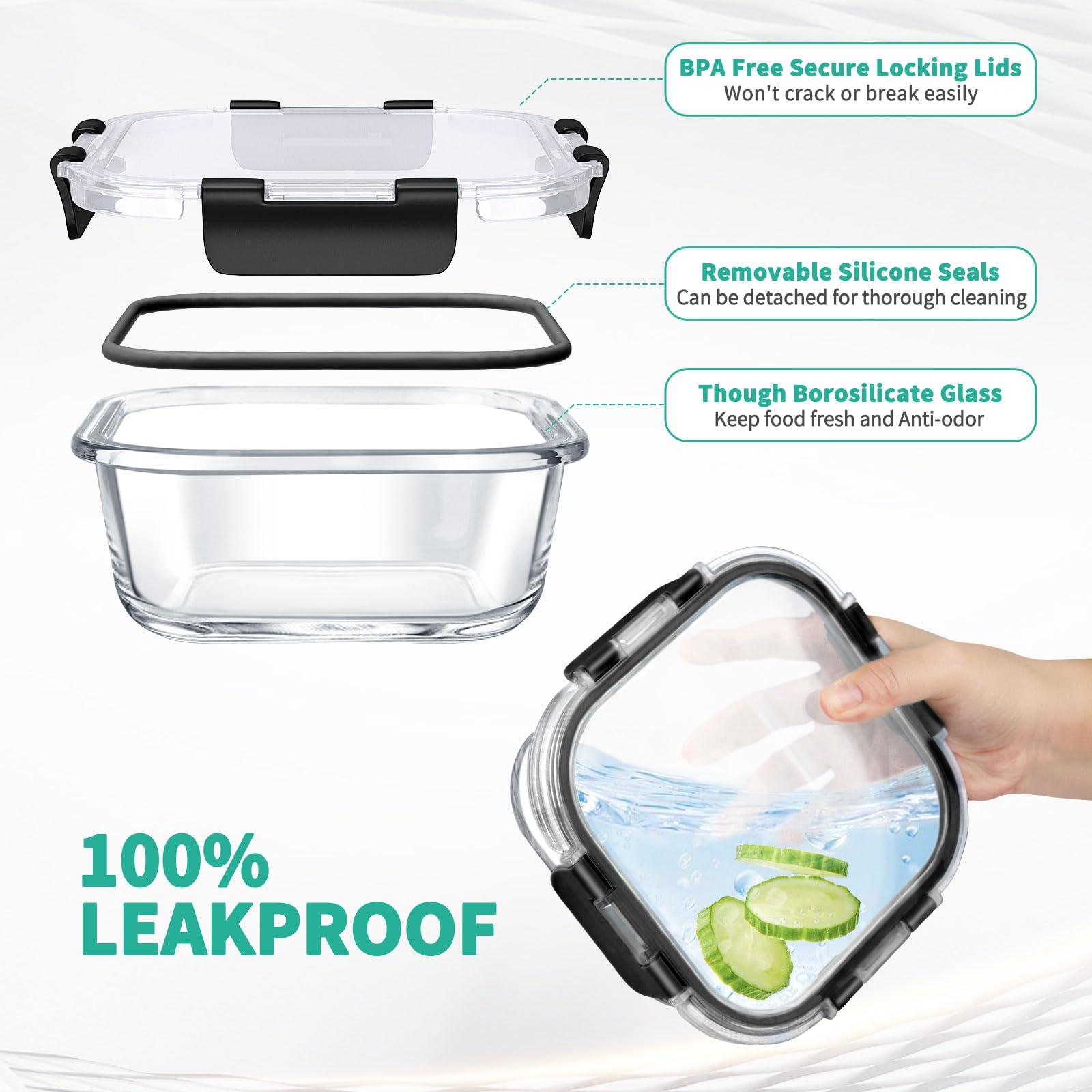 AMALEKO 34pcs Glass Food Storage Containers with Lids Set, Airtight Glass Meal Prep Containers (17 Containers & 17 Lids), Leak Proof Lunch Containers BPA-Free, Microwave, Oven, Freezer, Dishwasher Safe-Black