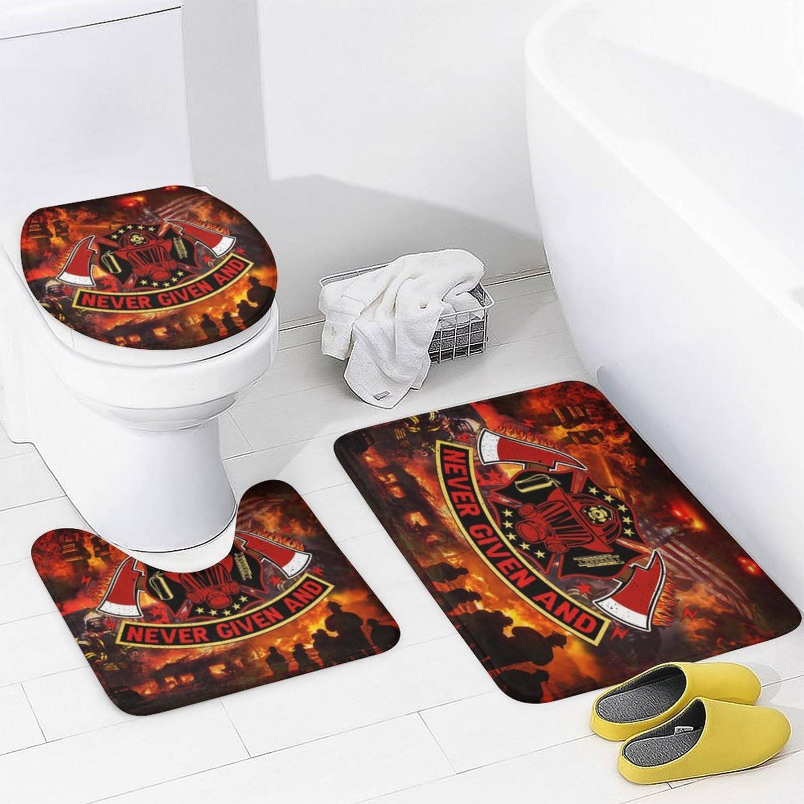 JretailAx Modern Hero Theme Fireman 4 Piece Shower Curtain Sets,Cool Modern Firefighter Burning Flame American Flag Non-Slip Rugs,Toilet Lid Cover and Bath Mat,Durable and Waterproof,for Bathroom Decor Set
