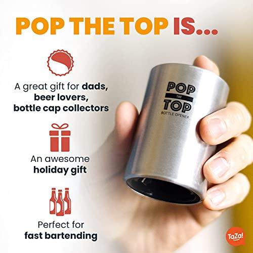 TaZa Pop-the-Top Beer Bottle Opener (Stainless): Automatic Bottle Cap Opener, Push Down Pop Off Bar Tool, Soda and Beer Cap Remover, Cool & Fun Gadget
