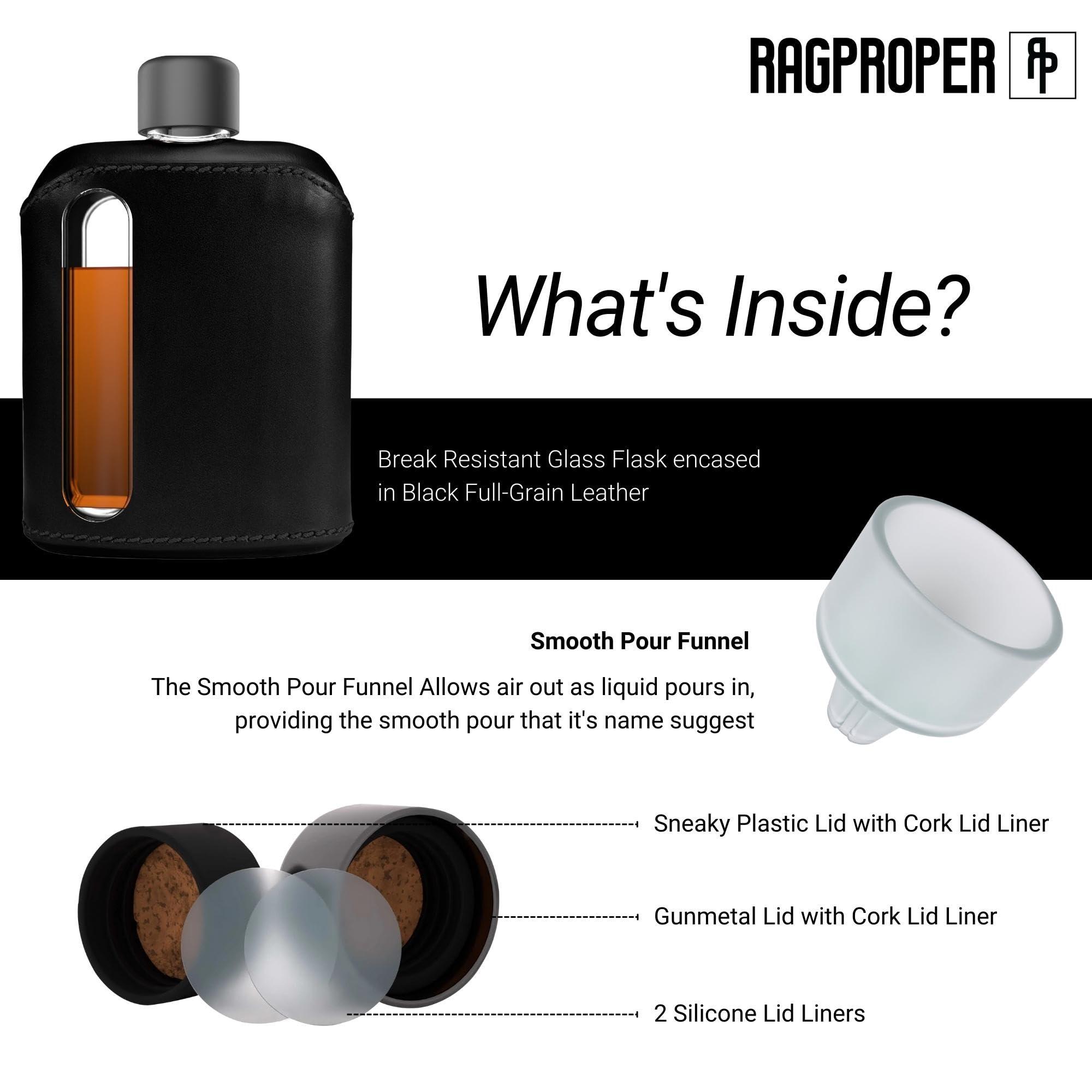 Ragproper Ragproper Modern Glass Hip Flask - Durable Leather Covered Flask for Whiskey, Spirits, & Other Liquor - Ideal Glass Flask for Men & Women (Single Shot 100ml + Double Shot 240ml, Leather Black)