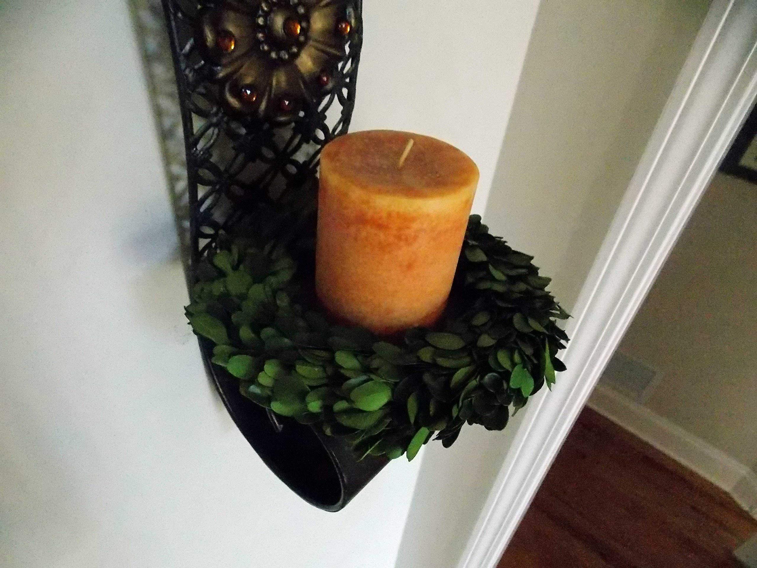 Wreath and Vine 10 Inch Small Mini Preserved Boxwood Wreath Candle Ring Holder, Decorative for Christmas Year Round, Spring, Summer, Thanksgiving, Rustic Farmhouse Holiday Home Decor, Handmade, Green