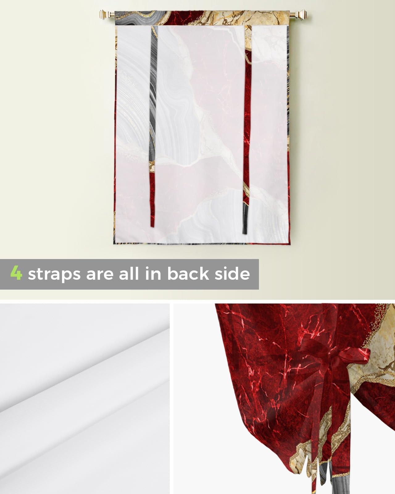 Yukro Tie Up Curtains Window Shades, Abstract Red Grey Gold Marble Rod Pocket Tie Up Window Shade, Adjustable Balloon Curtain Shade for Blinds Kitchen Bathroom, 1 Panel, 52"x45"