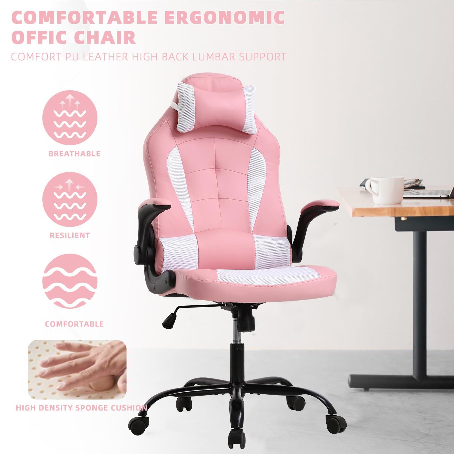 MKDLUFEI Pink Gaming Chair, Gaming Chairs for Adults, Game Chair with Flip Up Arms, Small Gaming Chair with Lumbar Support and Headrest, Comfortable Desk Chair for Adults Teens Kids Men Women, Max 250 LBS