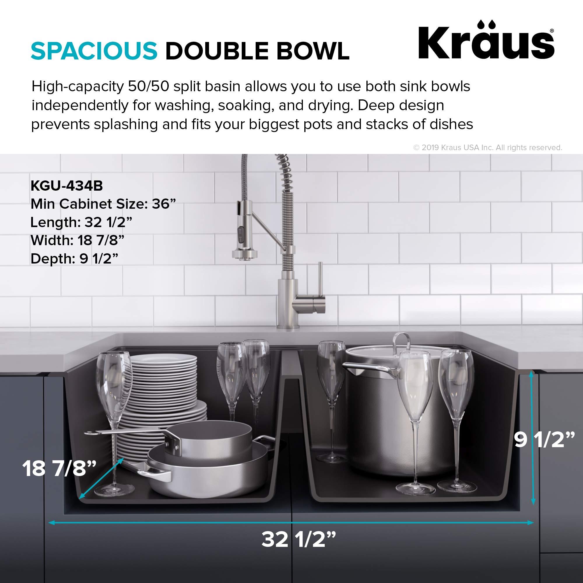 Kraus KRAUS Quarza 33-inch Undermount 50/50 Double Bowl Granite Kitchen Sink in Black Onyx, KGU-434B