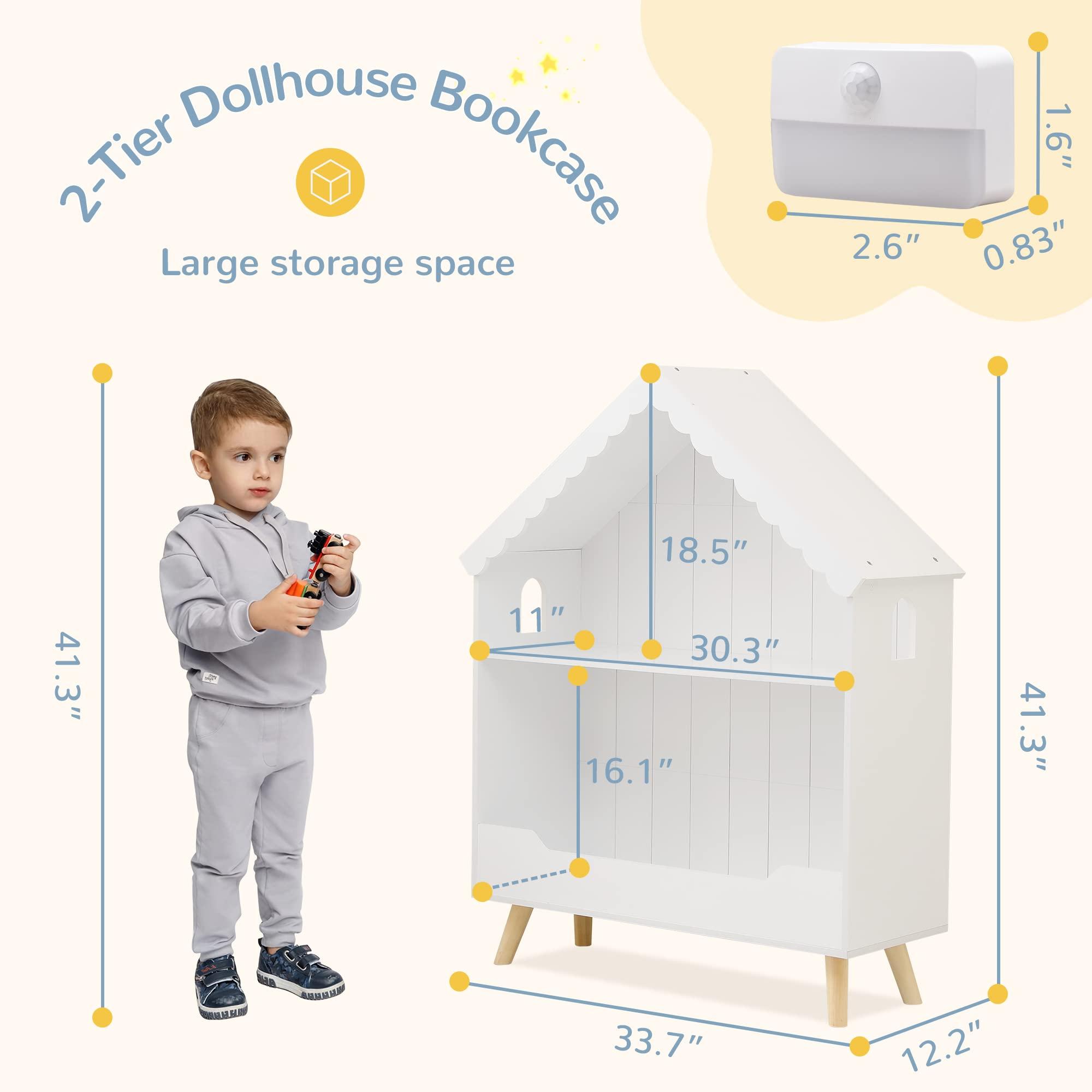 Curipeer Curipeer Kids Dollhouse Bookshelf, Wooden Bookcase Storage with Motion-Activated Light, 2-Tier Open Display Organizer for Toys and Books, Baby Bookshelf for Birthday, Christmas, White