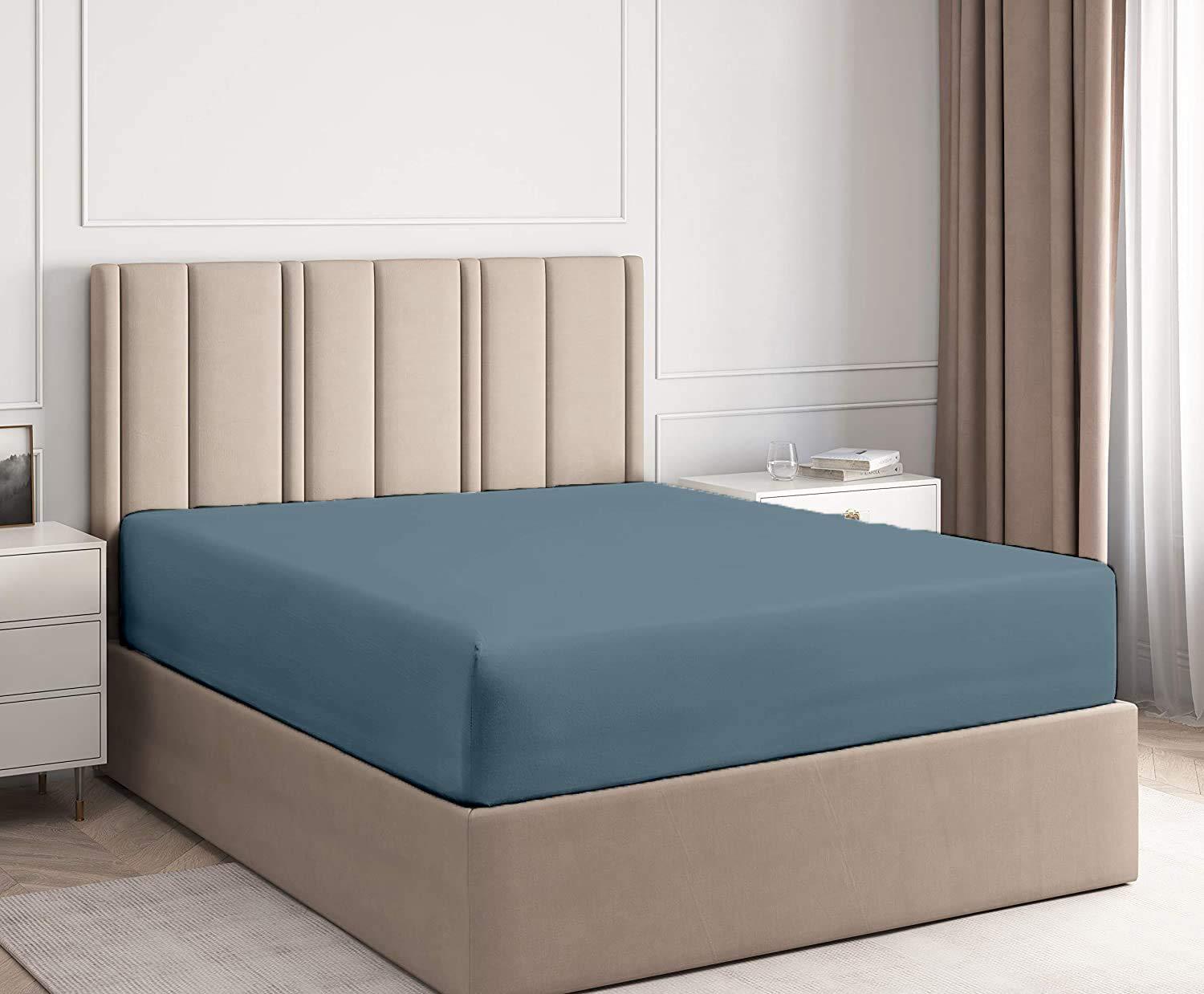 Hadi Bedding Company Hadi Bedding Company Queen Size Fitted Sheet 3 Piece (Fitted Sheet + 2 Pillowcases) 26 Inches Deep Pocket Egyptian Cotton All-Around Elastic 1000 Thread Count Wrinkle & Fade Resistant - Steel Blue