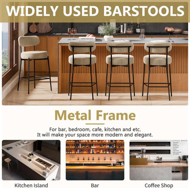 DYHOME DYHOME Bar Stools Set of 3, 24 Inches Modern Counter Height Bar Stools with Curved Back Metal Legs, Beige Upholstered Boucle Barstools for Kitchen Island, Cafe