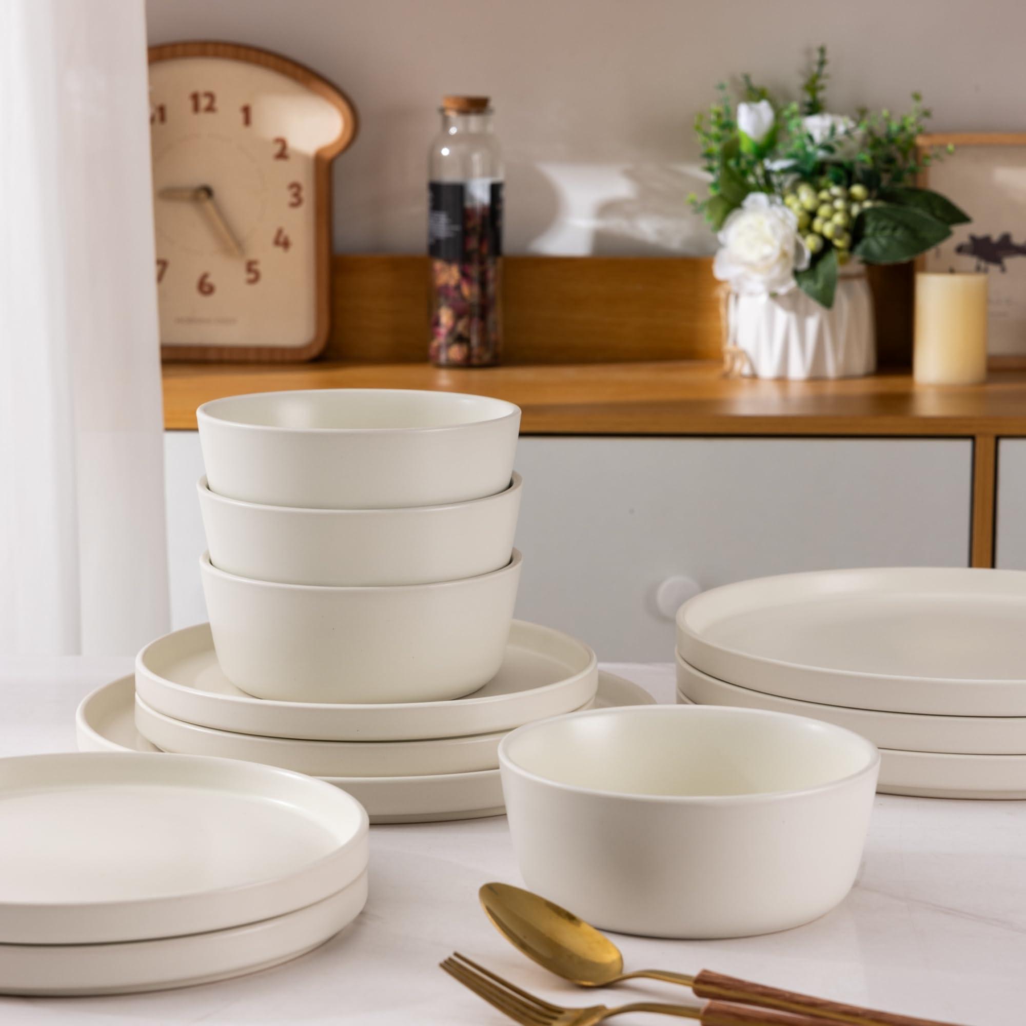 AmorArc AmorArc Ceramic Dinnerware Sets of 4, Modern Flat Stoneware Plates and Bowls Sets,Chip and Crack Resistant | Dishwasher & Microwave Safe Dishes Set,Scratch Resistant- Service for 4 (12pc)-Matte Cream