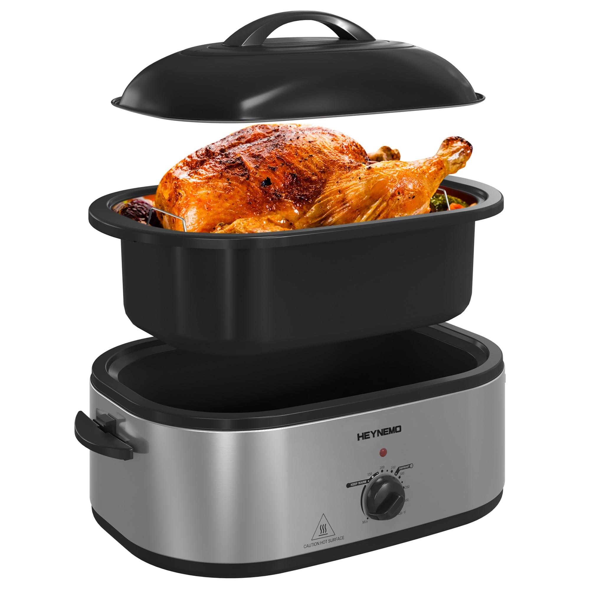 HEYNEMO Roaster Oven, 20Qt Turkey Roaster Oven Buffet with Self-Basting Lid, 1450W Electric Roaster Oven with Cool-Touch Handles, Stainless Steel Roaster Oven with Removable Pan and Rack, Silver