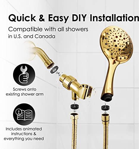 Wellness & Co Aquarius Gold Shower Head With Handheld Sprayer, 6 Spray Settings High Pressure Polished Brass Shower Head With Hose (Extra Long) & Adjustable Brass Ball Bracket Kit, Shower Head Gold Finish