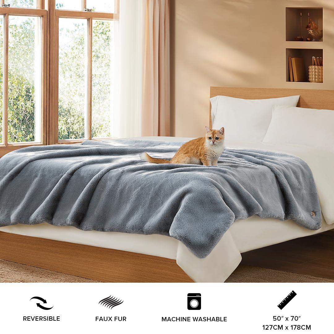 UGG UGG 11069 Euphoria Plush Faux Fur Reversible Throw Cozy Fuzzy Fluffy Blanket for Couch Bed Hotel Style Luxury Machine Washable Home Decor Luxurious Soft Throws for Sofa, 70 x 50-Inch, Chambray