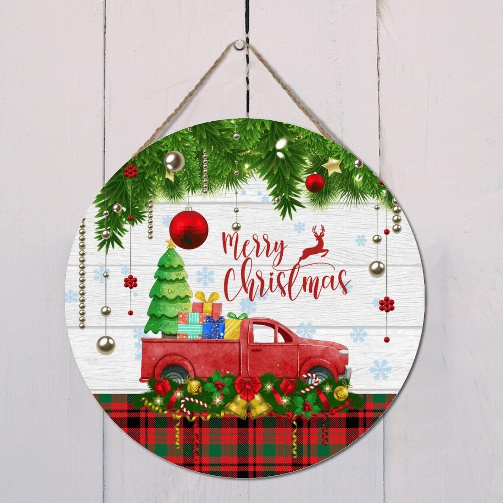 Wodevor Merry Christmas Tree Truck Wood Plaques Red Truck Christmas Tree Hanging Sign Wooden Wall Table Sign Rustic Wood Sign Personalized Wooden Signs 12x12in Round