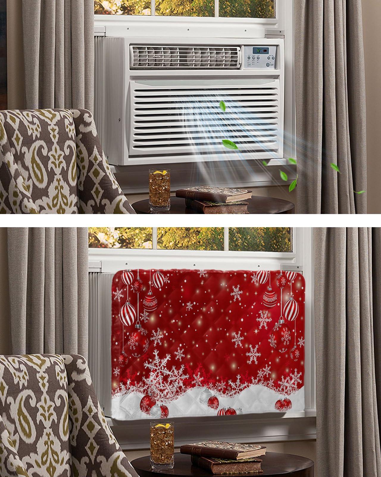 Falaniique Christmas Balls Indoor Air Conditioner Cover for Window Units, Double Insulation Adjustable Waterproof Indoor AC Cover with Elastic Straps Red Xmas Winter Snowflake 25'' x 18'' x 3.5''