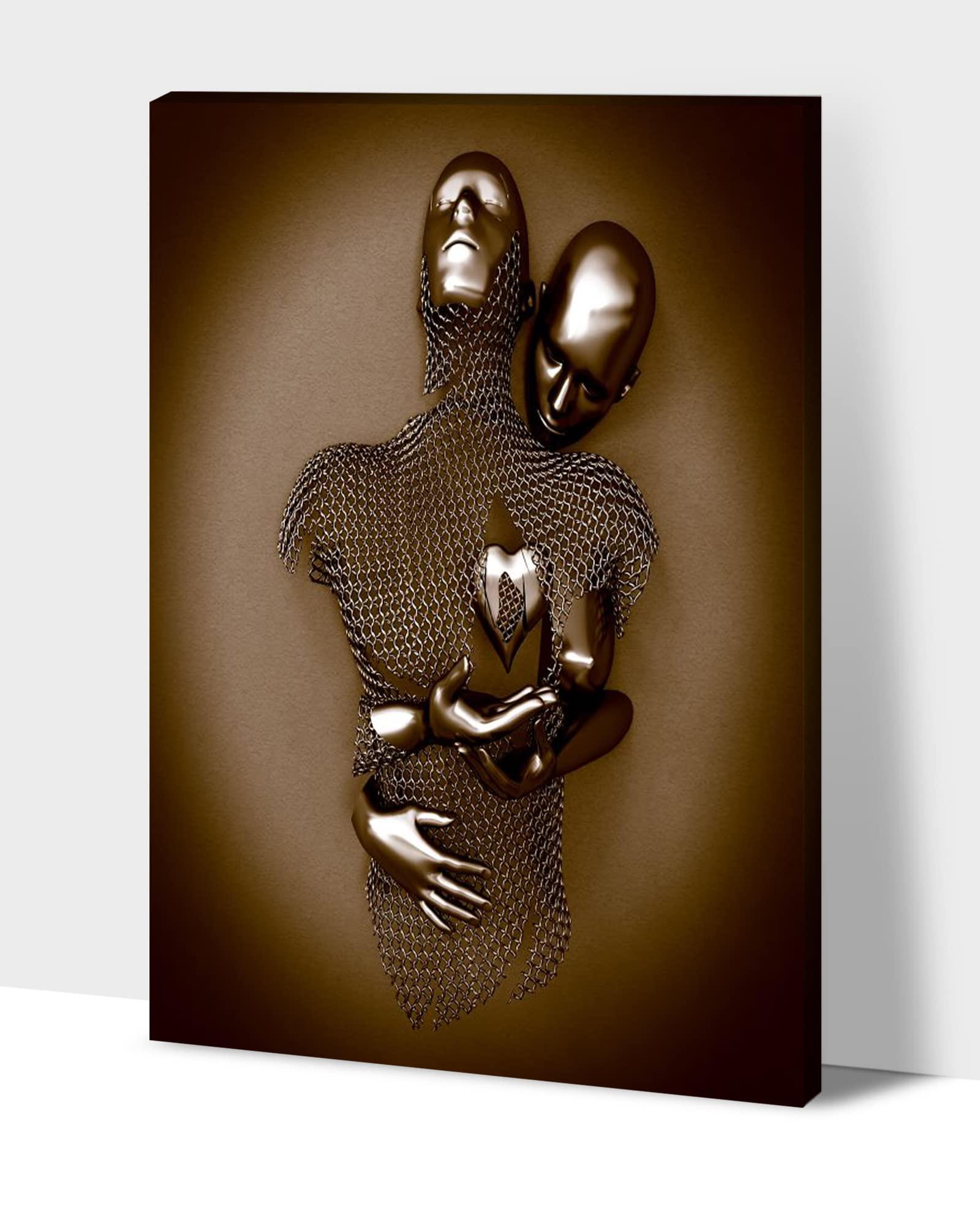 TIMUBA 3D Wall Art - Silver Gold Hugging Couple Wall Design, 3D Effect Love Metallic Art Print on Canvas for Bedroom Wall Decor, Modern Abstract Kissing Framed Art Pictures for Valentine's Gift 28x40 Inches