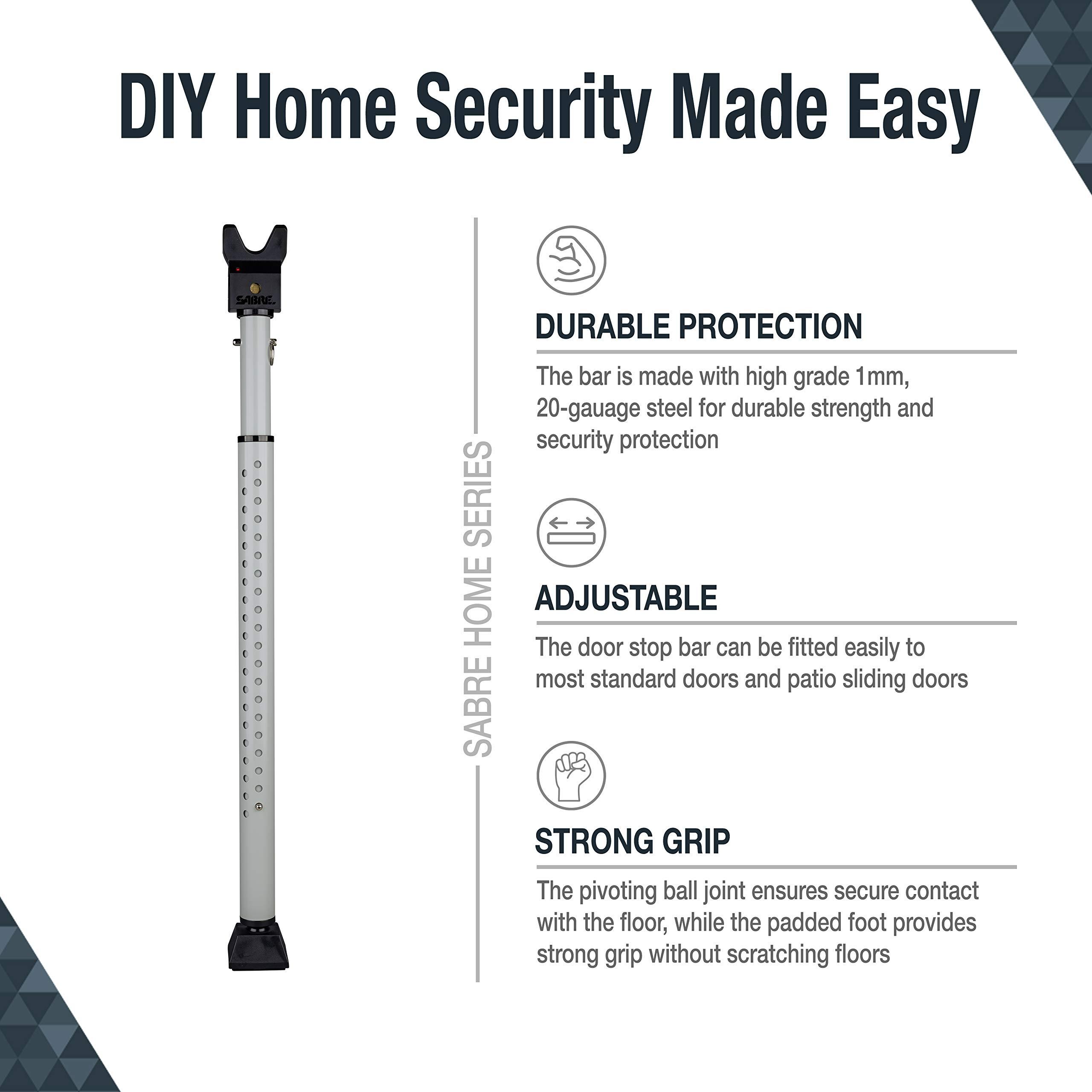 SABRE SABRE Adjustable Door Security Bar with Vibration Detecting Alarm, 115dB Alarm Audible Up To 1,100 Ft (335 m), Adjusts To Fit Most Hinged & Sliding Doors, Rubberized Foot for Strong Grip, Collapsible