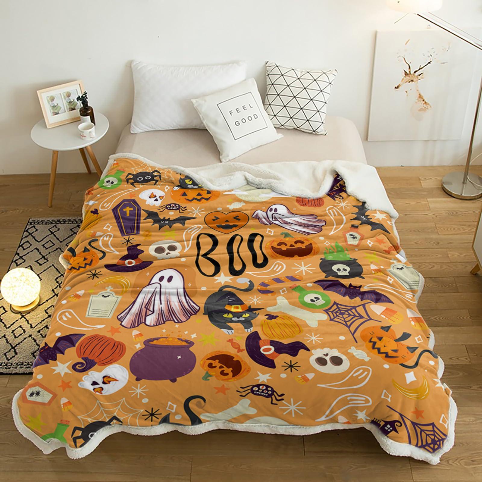 Sabolny Sabolny Halloween Sherpa Throw Blankets for Bed Couch Sofa, Soft Reversible Plush Fluffy Fleece Fannel Blanket Throws Clearance Decorative in Winter Spooky Pumpkin Horror Ghost Skull Orange 49\"x59\"