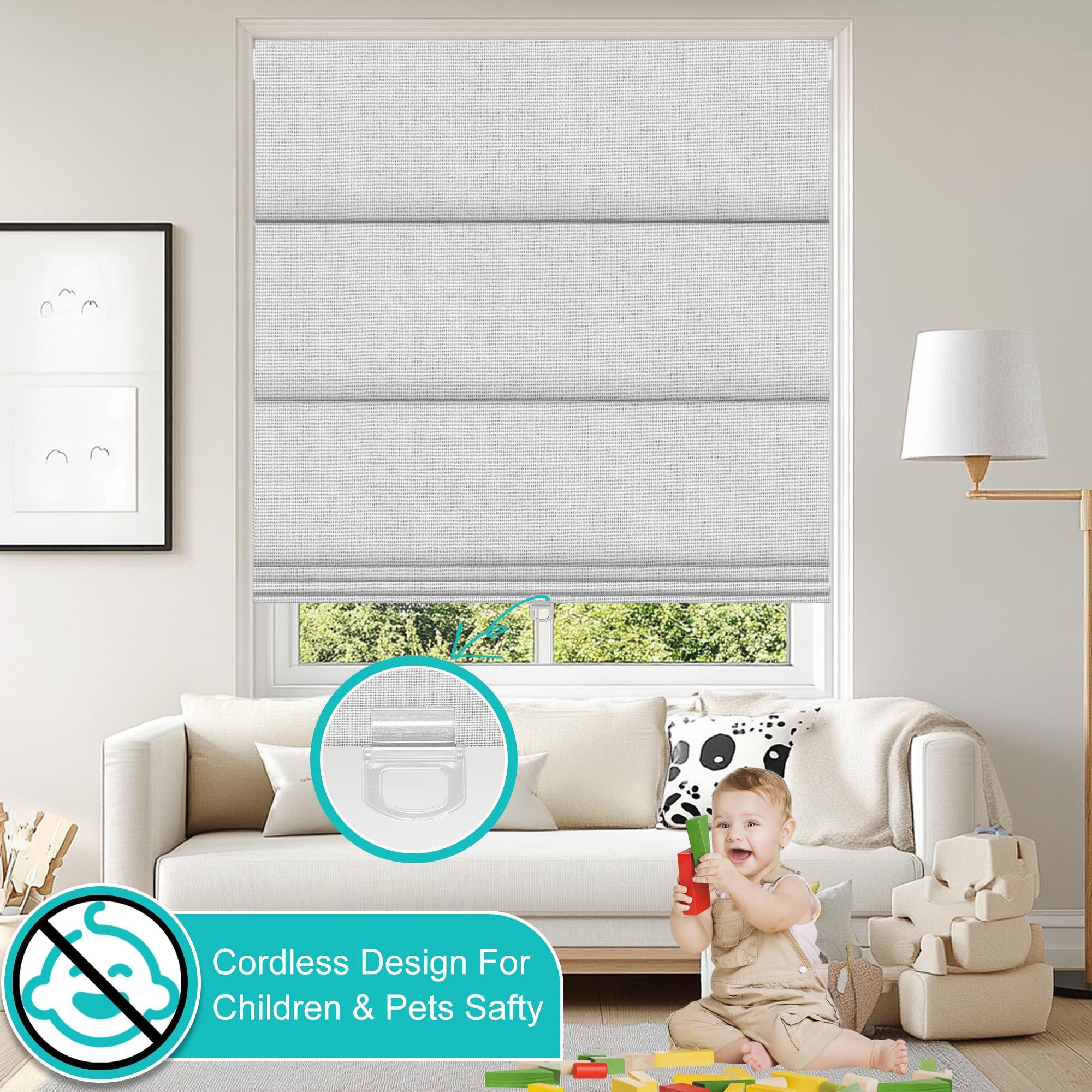 BERISSA BERISSA No Drill Cordless Roman Shades for Window, Blackout Roman Blinds Room Darkening Roll up Blinds Easy Install Linen Roman Window Shades for Inside Mount,78" W x 80" H,Jacquard White