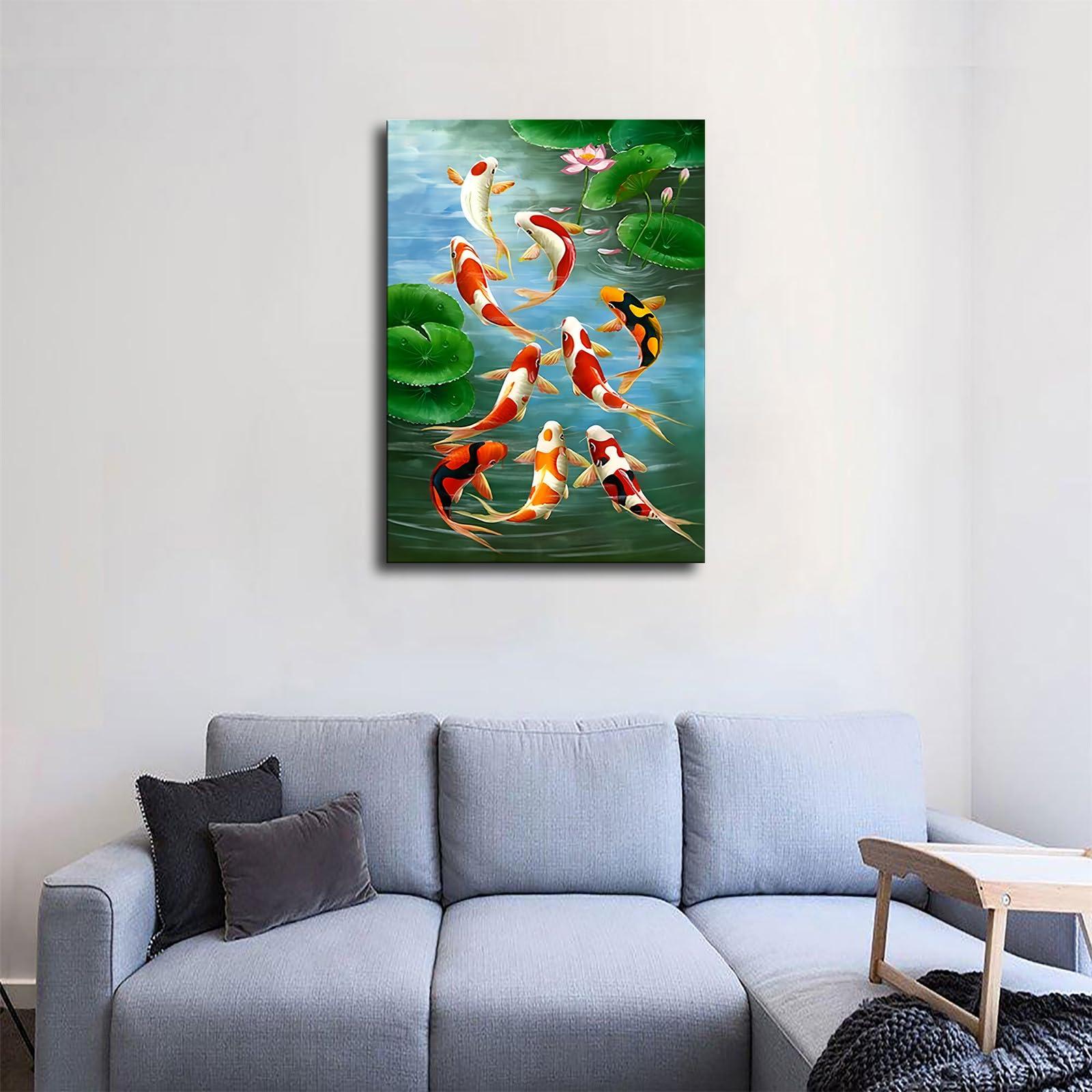 ZeeHxq ZeeHxq Feng Shui Nine Koi Fish Lucky Landscape Poster Painting on Canvas Wall Art Living Room Decoration Home (16x24inch Framed)