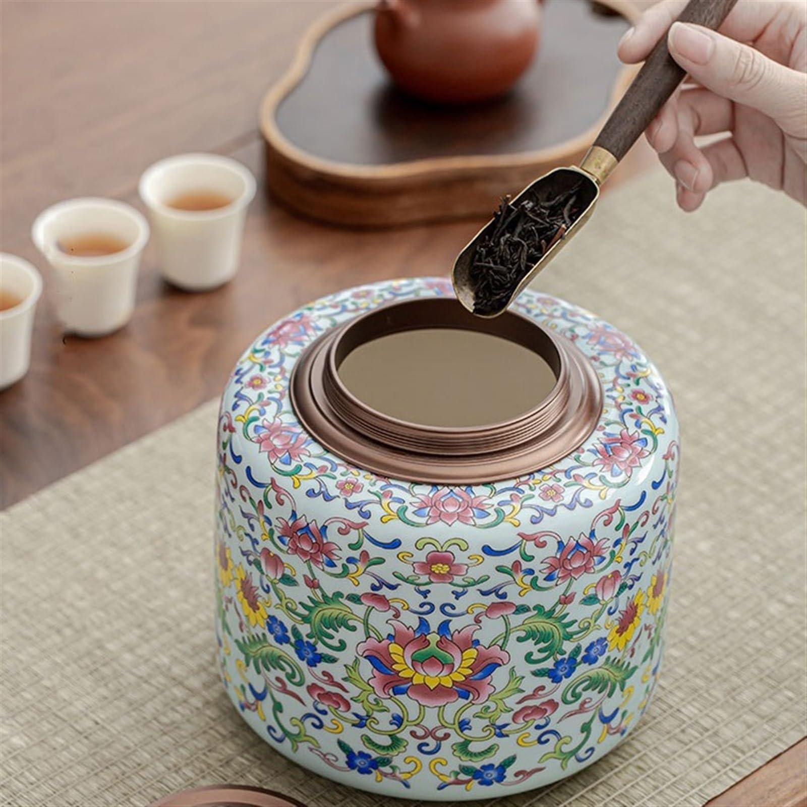 GRFIT Tea Tin Beautiful Enameled Loose Leaf Tea Canister Ceramic Double Lid Sealed Canister Large Premium Tea Warehouse Loose Tea Storage Containers