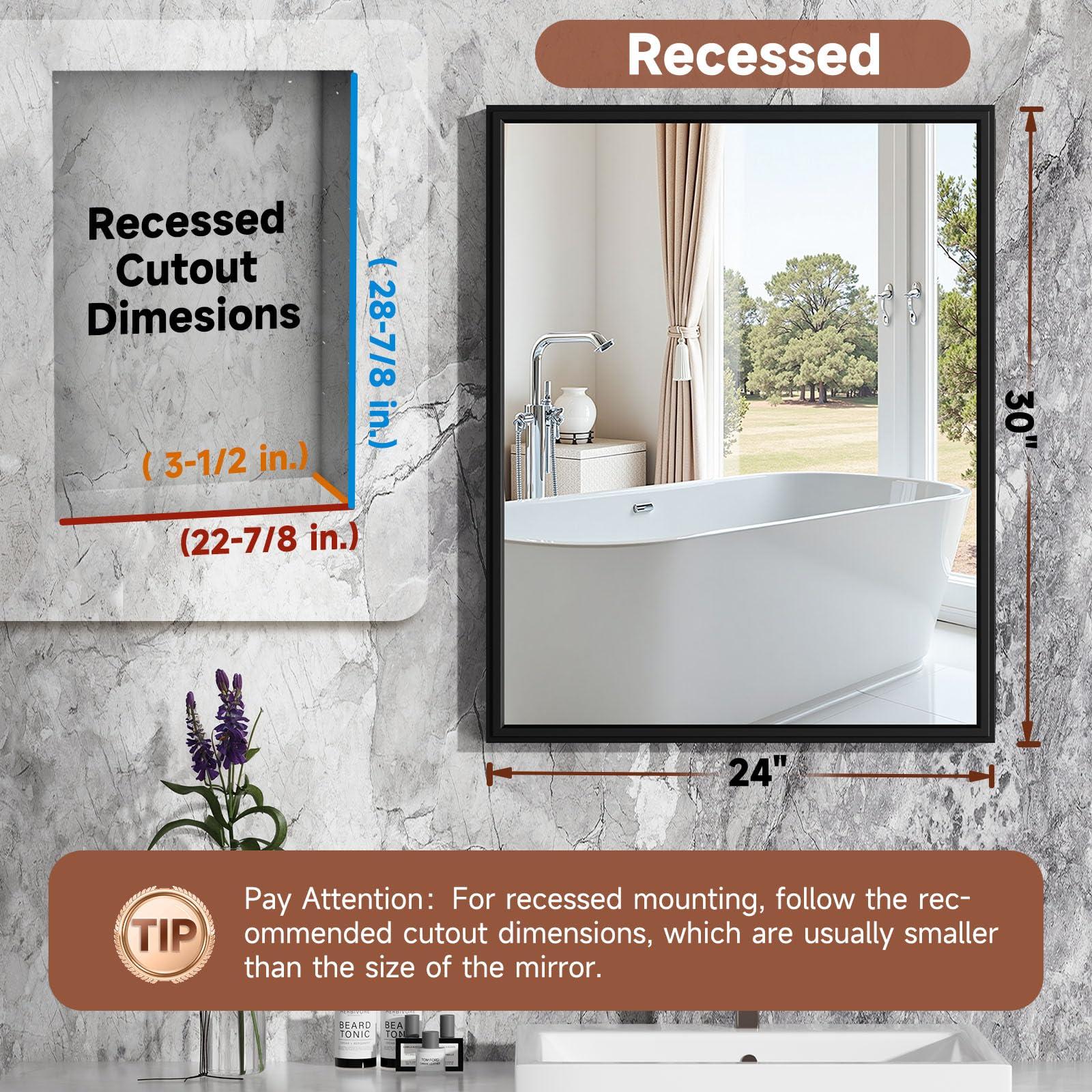 BOHMIROO BOHMIROO 24x30 Inch Medicine Cabinet Mirror Black Bathroom Medicine Cabinet with Vanity Mirror Recessed Medicine Cabinet Surface Mount Matte Aluminum Alloy Framed Vanity Mirror with Storage Cabinet