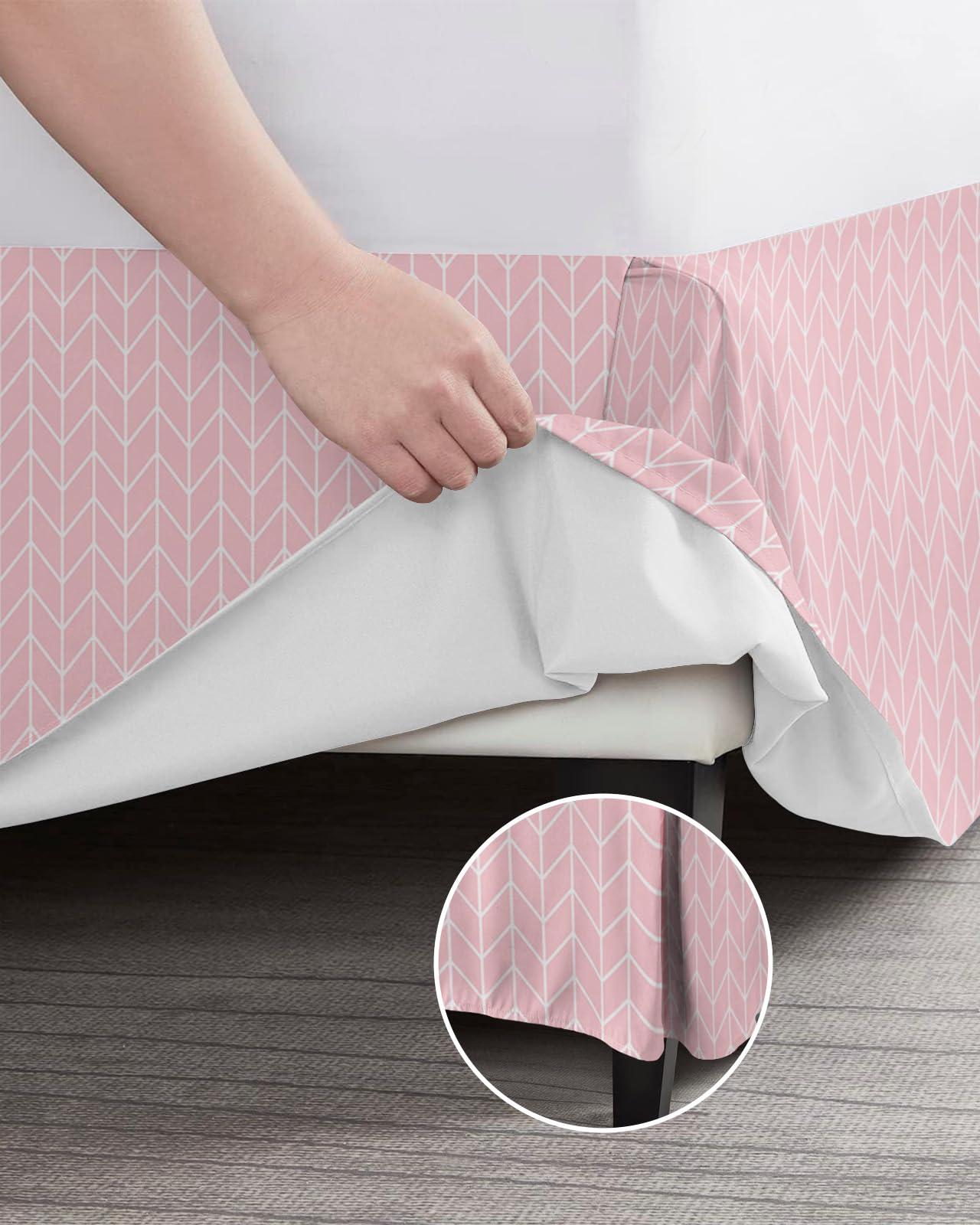 Sabolny Modern Pink Bed Skirt with Split Corners King Size 16" Drop, Tailored Dust Ruffle Bed Skirts Wrap Around Bedskirt Soft Cozy Bedding for Bedroom Hotel Contemporary Minimalist Geometric Stripe