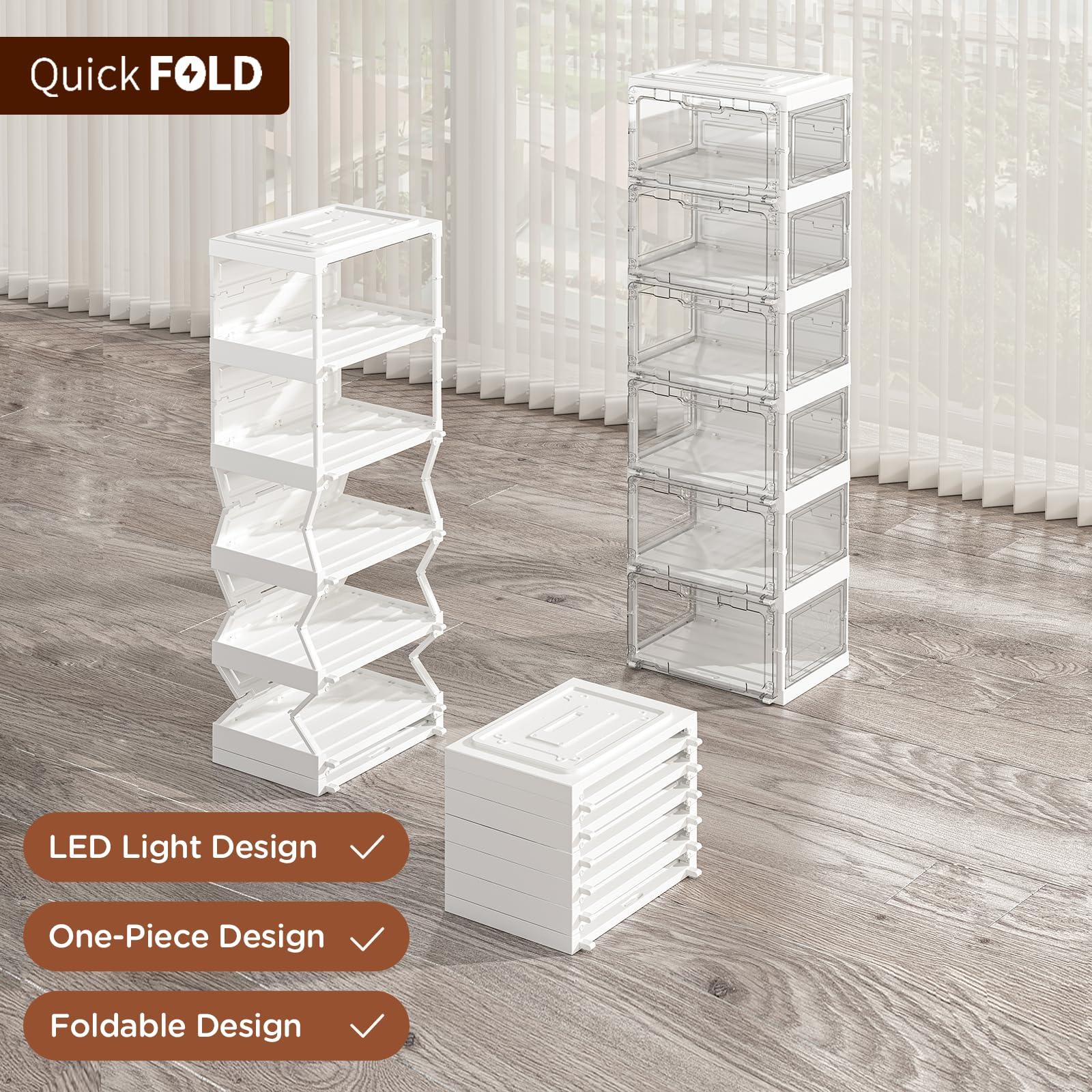 HGFSGGGREEHY Led Shoe Box Light,Foldable Stackable Sneaker Display Storage with Clear Side Open Door Organizer,Shoe Rack Organizer Cabinet,Voice Control 2 Rows 8 Layers (Transparently 1 Rows 6 Layers)