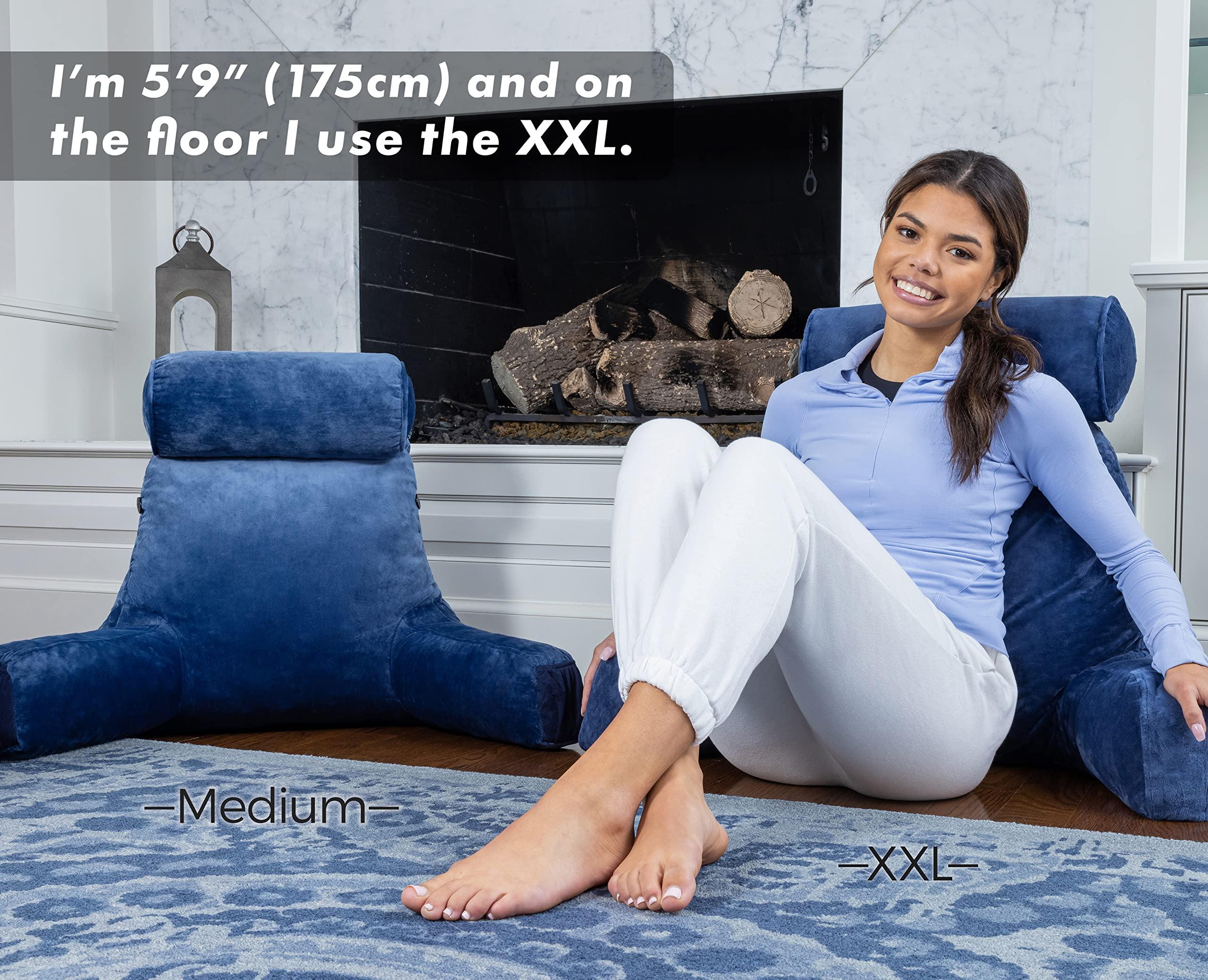 Husband Pillow Husband Pillow XXL Reading Pillow for Bed Backrest with Arms - Dark Blue - Adult - Shredded Memory Foam, Ultra-Comfy Microplush Cover & Detachable Neck Roll - Unmatched Support Bed Rest Sit Up Pillow