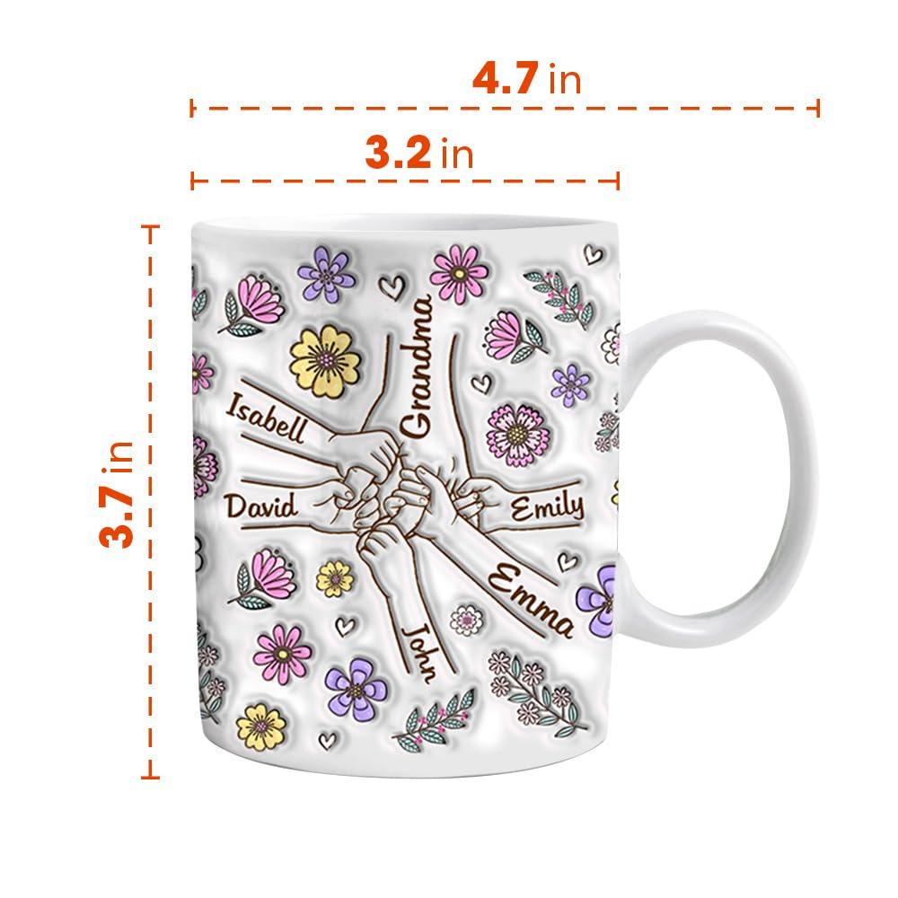 TrendingAz Custom Grandma 3D Inflated Effect Printed Holding Hand Mug, Grandma Kid Mug With Name, Gift For Mom Grandma, Birthday Gift, Mothers Day Gift, Holding Hand Grandma Mug, Family Custom Mug