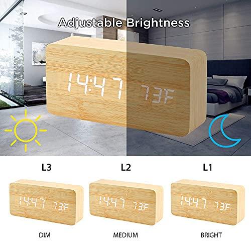 OCT17 OCT17 Wooden Digital Alarm Clock, Wood Fashion Multi-Function LED Alarm Clock with USB Power Supply, Voice Control, Timer, Thermometer - Bamboo