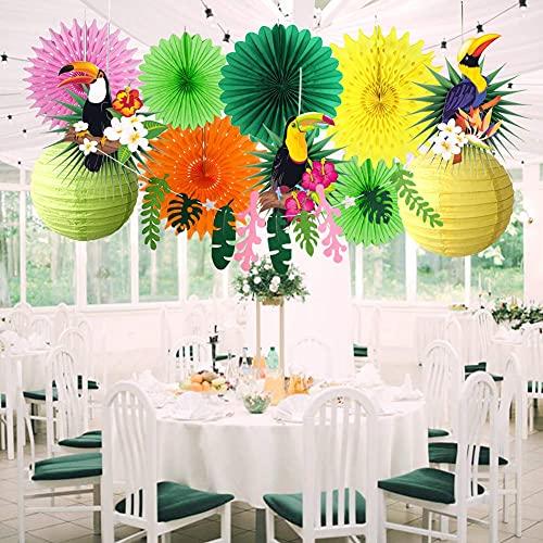 PAPER JAZZ Tropical Bird Toucan Leaf Garland Party Kit for Summer Hawaiian Luau Tiki Tropical Jungle Themed Party Decorations Luau Party Supplies Decor with Paper Palm Leaves Paper Fan Paper Lanterns