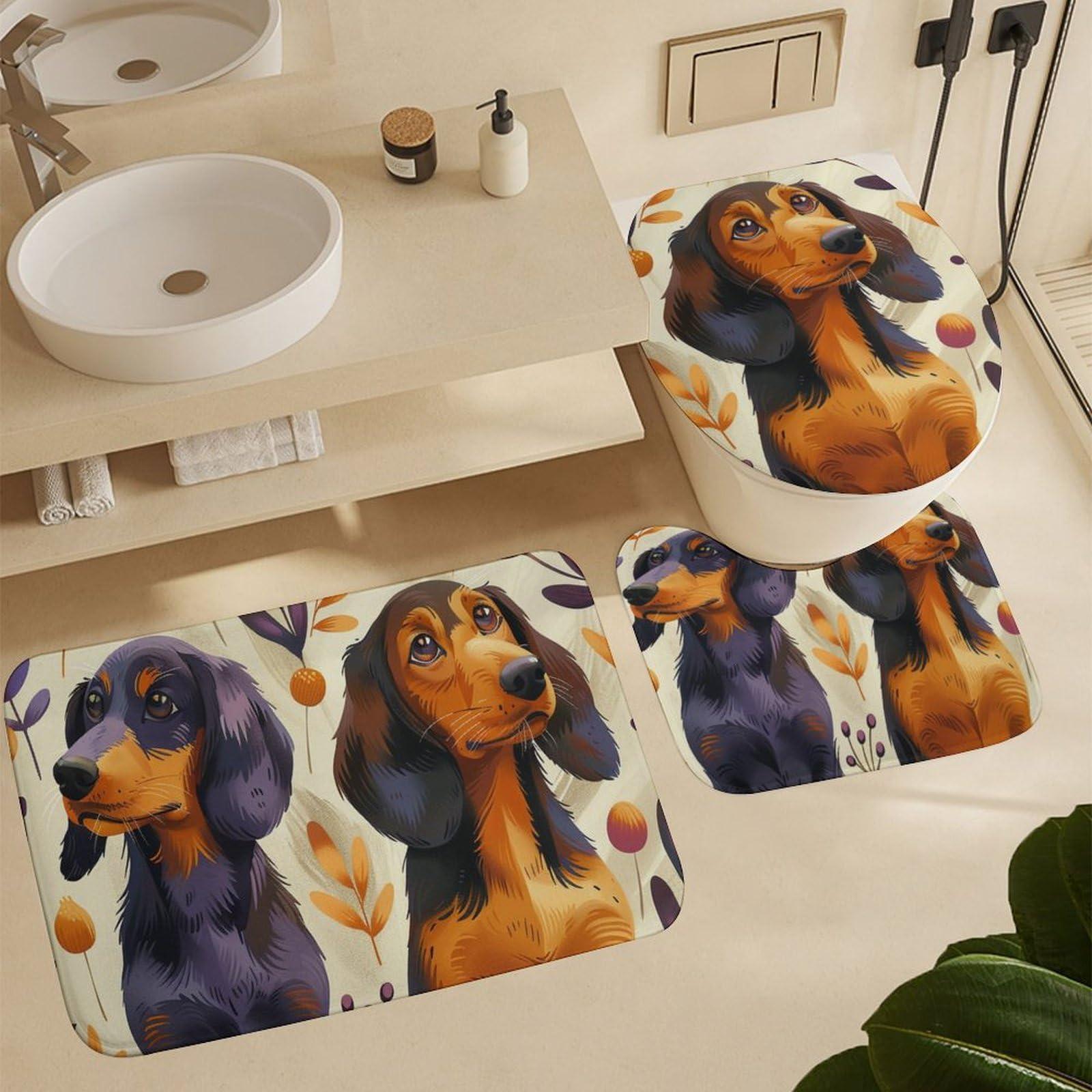 HDESDIS HDESDIS 4Pcs Cartoon Dachshund Dog Shower Curtain Sets with Rugs, Toilet Lid Cover and Bath Mat, Vintage Balloon Leaf Bathroom Shower Curtains Set with 12 Hooks