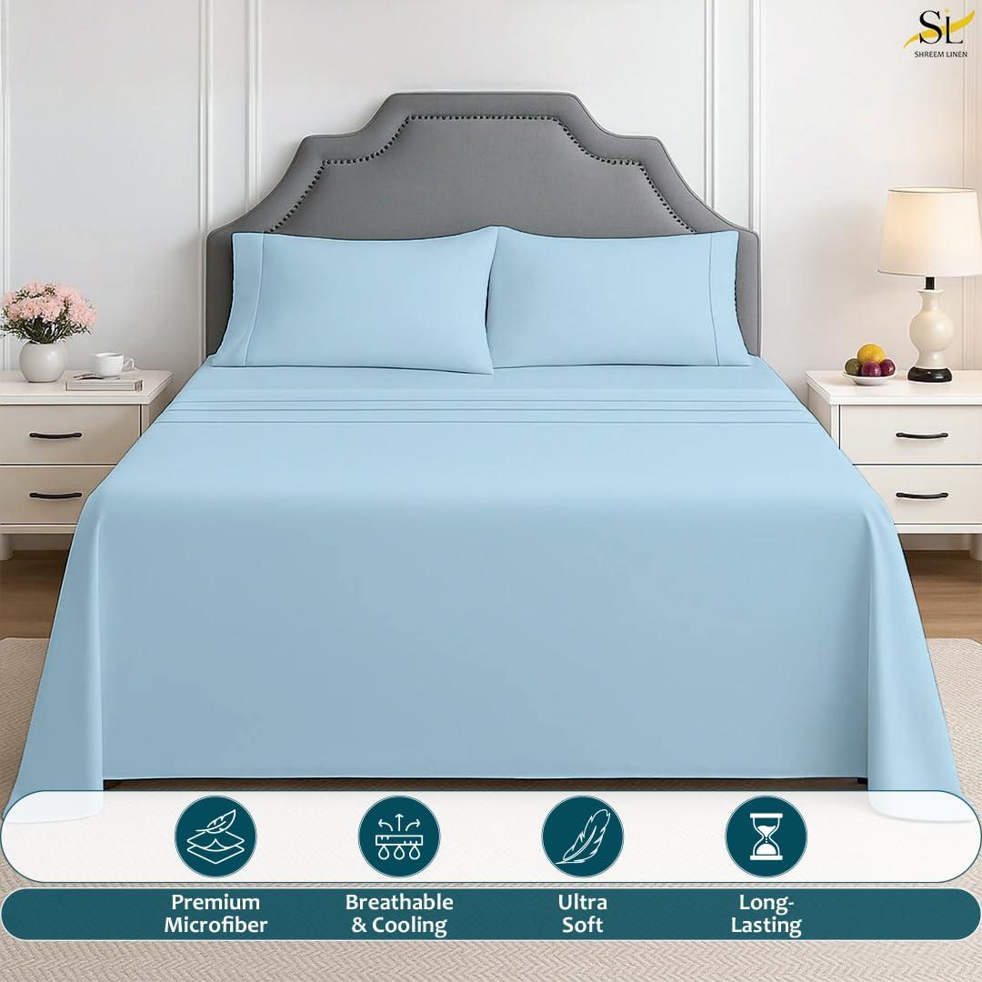 Shreem Linen Short Queen Sheets, RV Sheets Set for Campers, Deep Pockets Fitted RV Bunk Sheets, 4-Piece 1800 Microfiber Bed Sheet Set, Cool & Breathable, RV Queen Sheets (Light Blue, Short Queen)