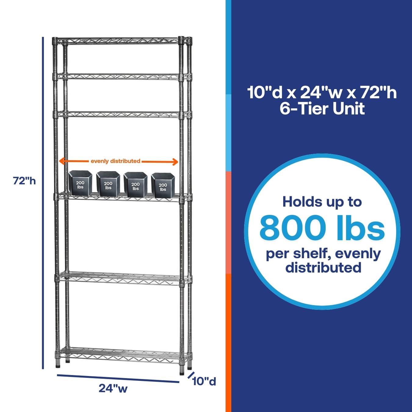 SI Shelving Inc. 10" d x 24" w x 72" h Chrome Wire Shelving with 6 Shelves, Weight Capacity 800lbs Per Shelf
