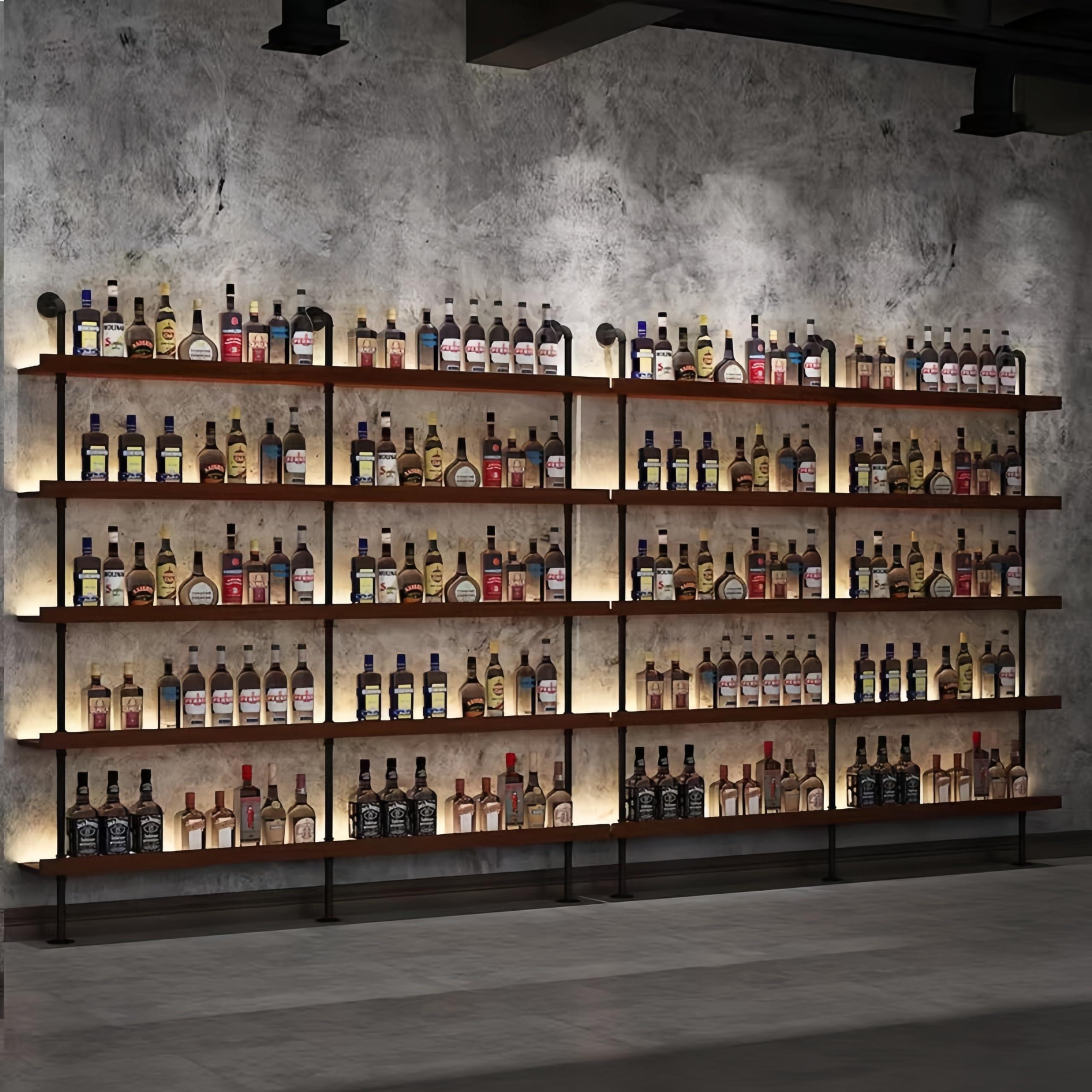 HFTUW HFTUW Industrial Wall Mounted Wine Rack, 5-Tier Rustic Metal Floating Shelves, Large Capacity Wall Bar Shelves for Liquor Bottles for Home Bar & Dining Room, Walnut(Without Lights, 120cm/47in)