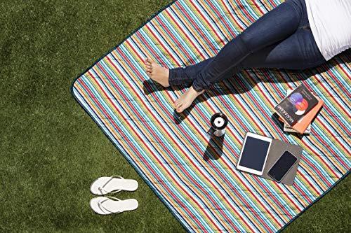 PICNIC TIME ONIVA - a Picnic Time brand - Vista Outdoor Picnic Blanket & Tote - Beach Blanket - Camping Blanket, (Fun Stripe Pattern with Aqua Blue Exterior)