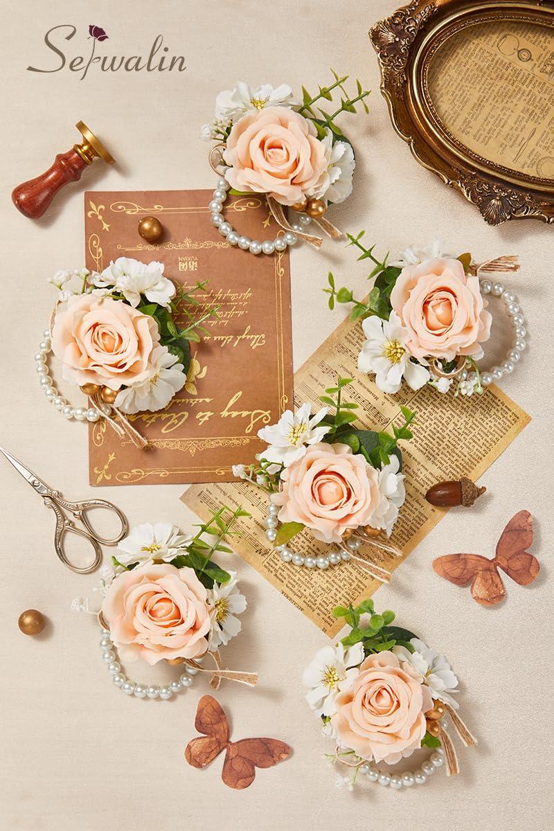Serwalin Serwalin Champagne Corsage and Boutonniere Set, Champagne Rose Wrist Corsages for Wedding