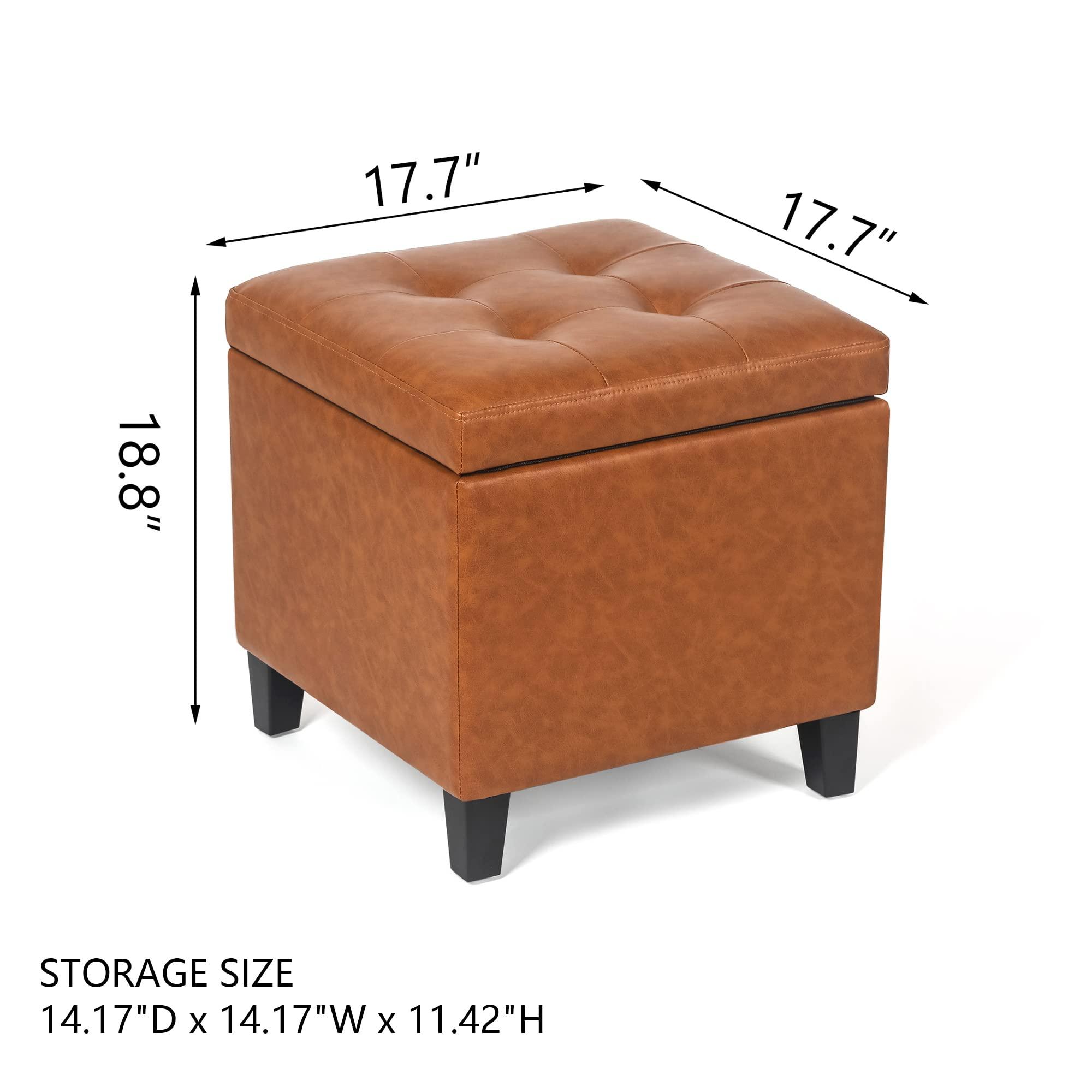 Adeco Adeco 17.7" Leather Cube Storage Orange Ottomans for Living Room
