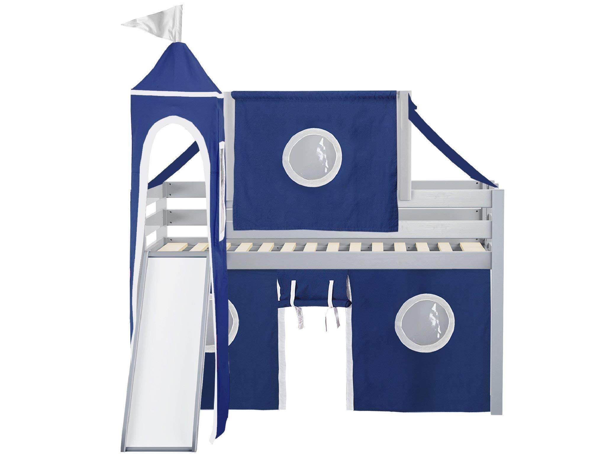 JACKPOT! JACKPOT! Castle Low Loft Bed with Slide, Blue and White Tent and Tower, Twin, Gray