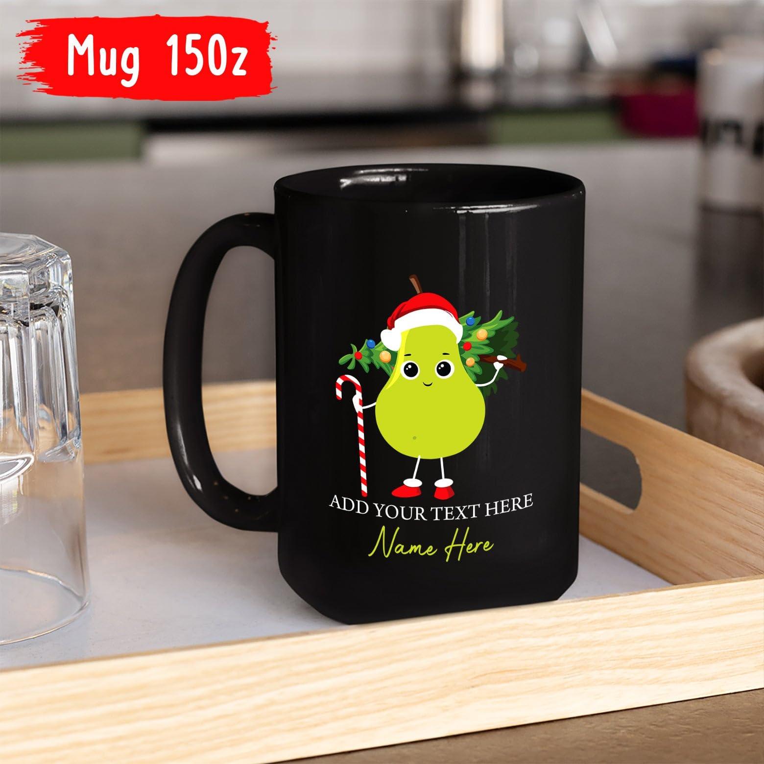 Yanria Custom Christmas Mug, Pear Santa Coffee Mug, Cute Pear Christmas Tree Cup, Personalized Merry Xmas Ceramic Mug Gifts For Pear Fruit Lovers, Customized Pear Mug With Name, Black Cup 11oz 15oz