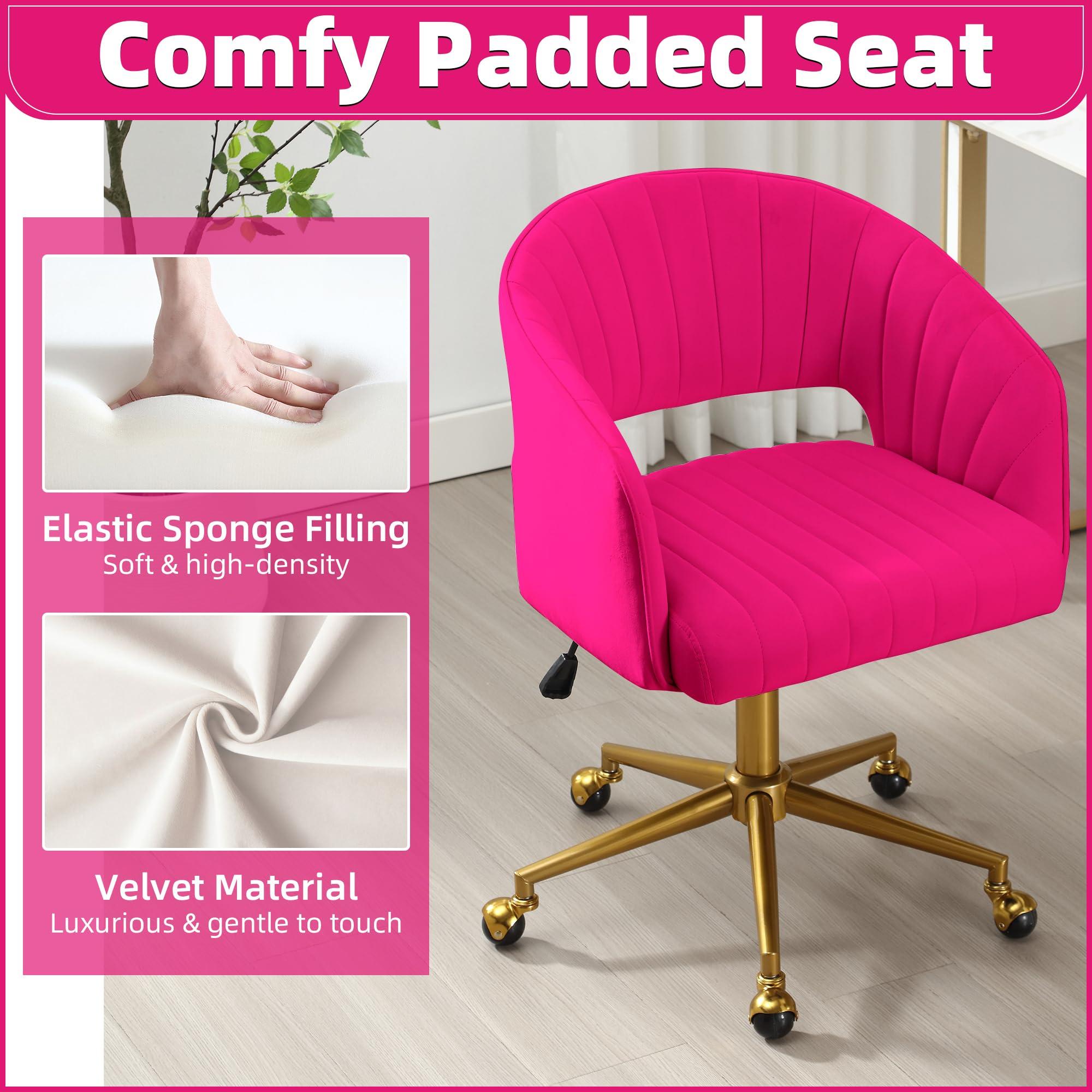 ABET ABET Desk Chair with Wheels, Velvet Home Office Chair, Swivel Armchair Gold Base, Upholstered Modern Accent Chairs, Back Incline Adjustable for Living Room Bedroom Vanity, Hot Pink